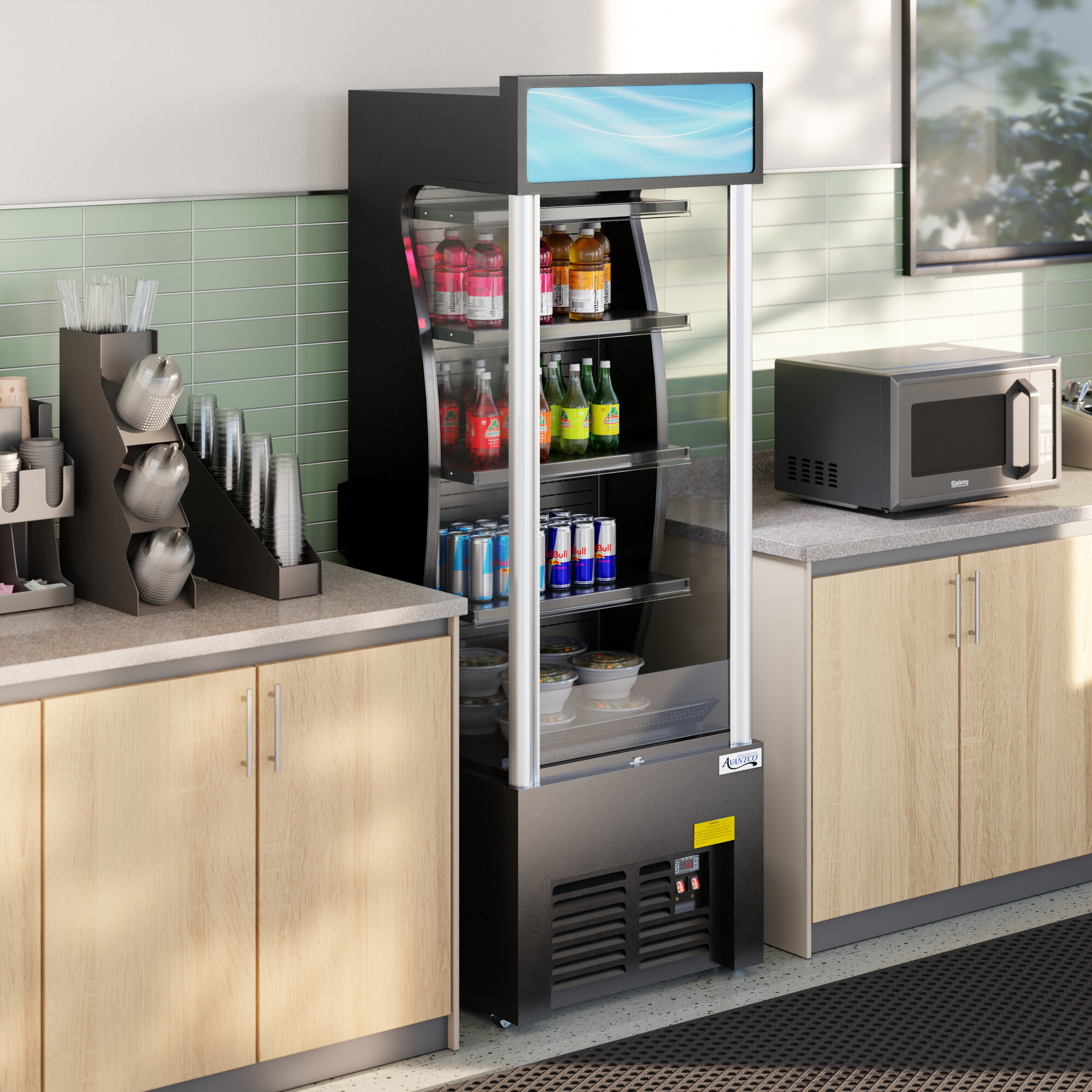 A black refrigerated air curtain merchandiser with glass shelves displaying beverages and food items.