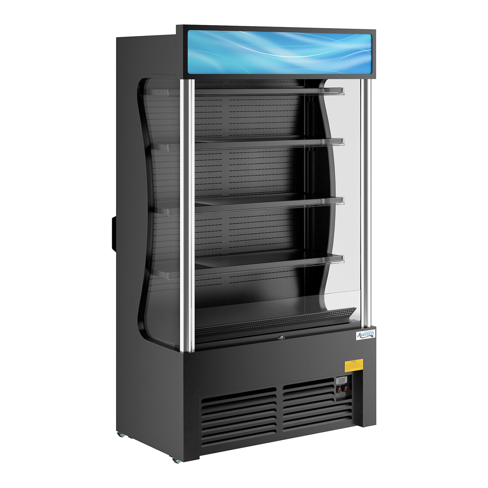 A black refrigerated air curtain merchandiser with multiple shelves and a customizable top panel.