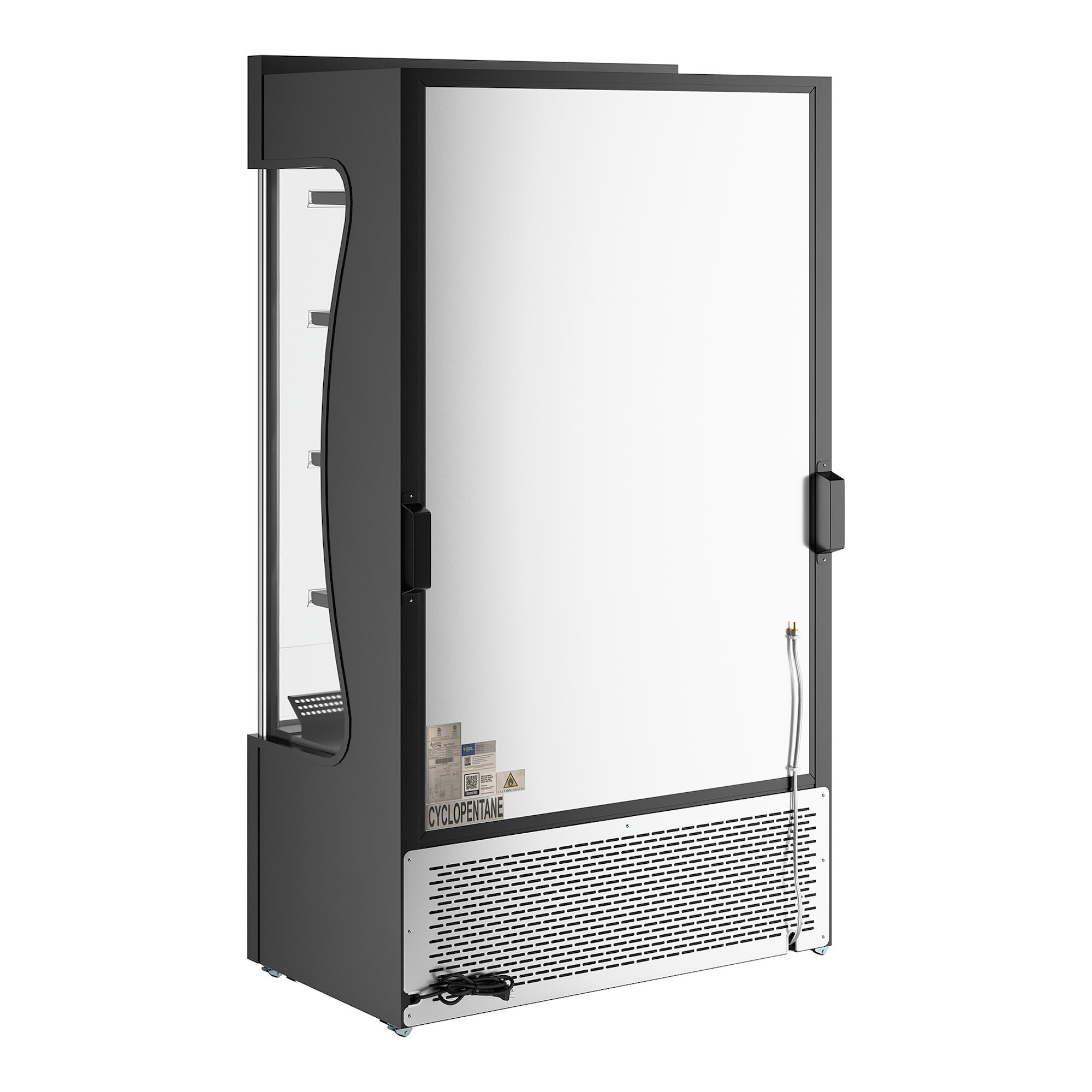 A black refrigerated air curtain merchandiser with a customizable front panel and glass sides.