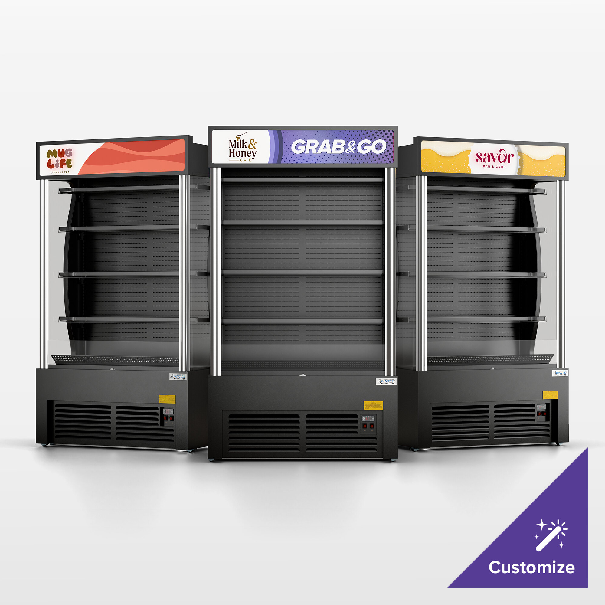 A customizable black refrigerated air curtain merchandiser with open shelves for displaying chilled products.