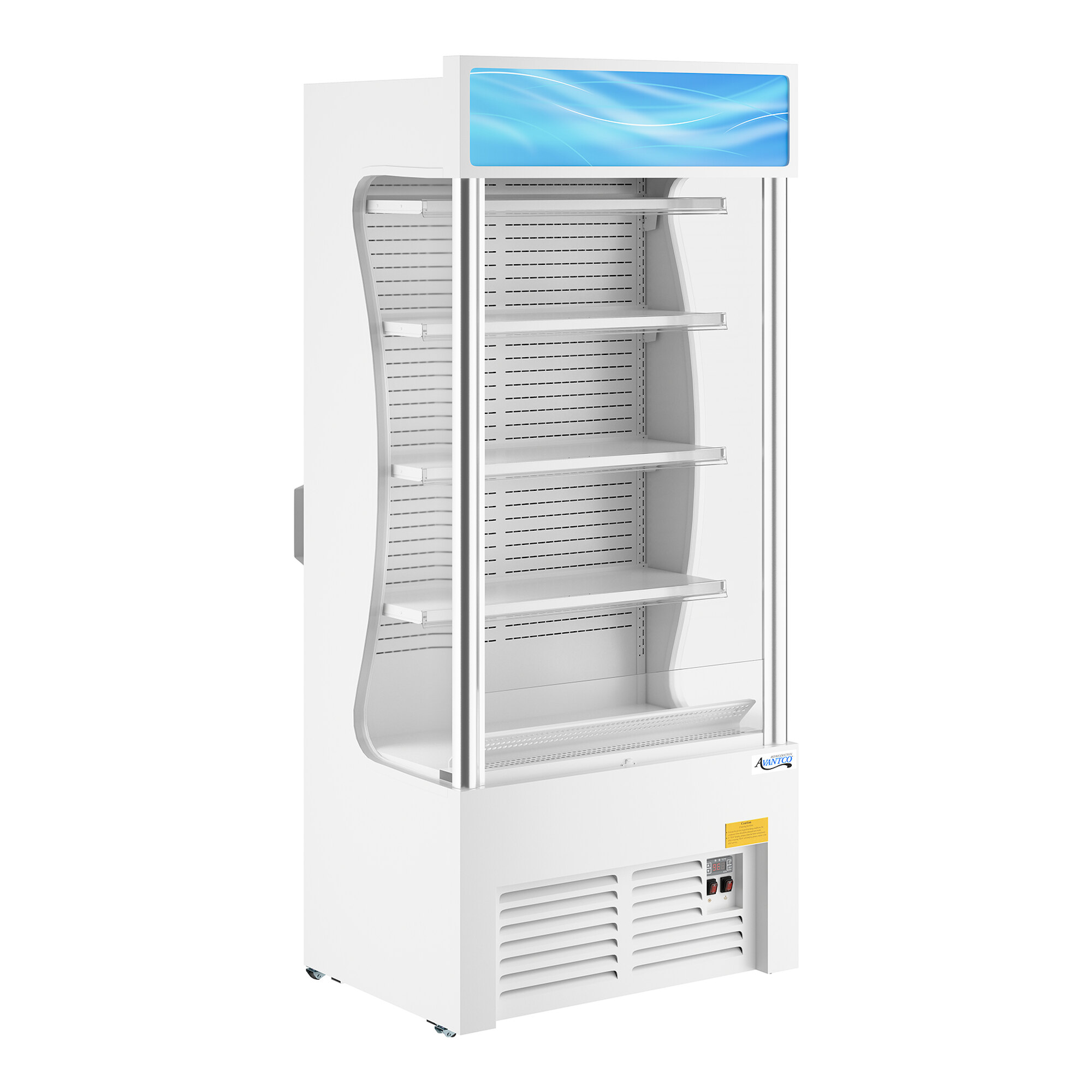 A white refrigerated air curtain merchandiser with multiple shelves and a customizable top panel.