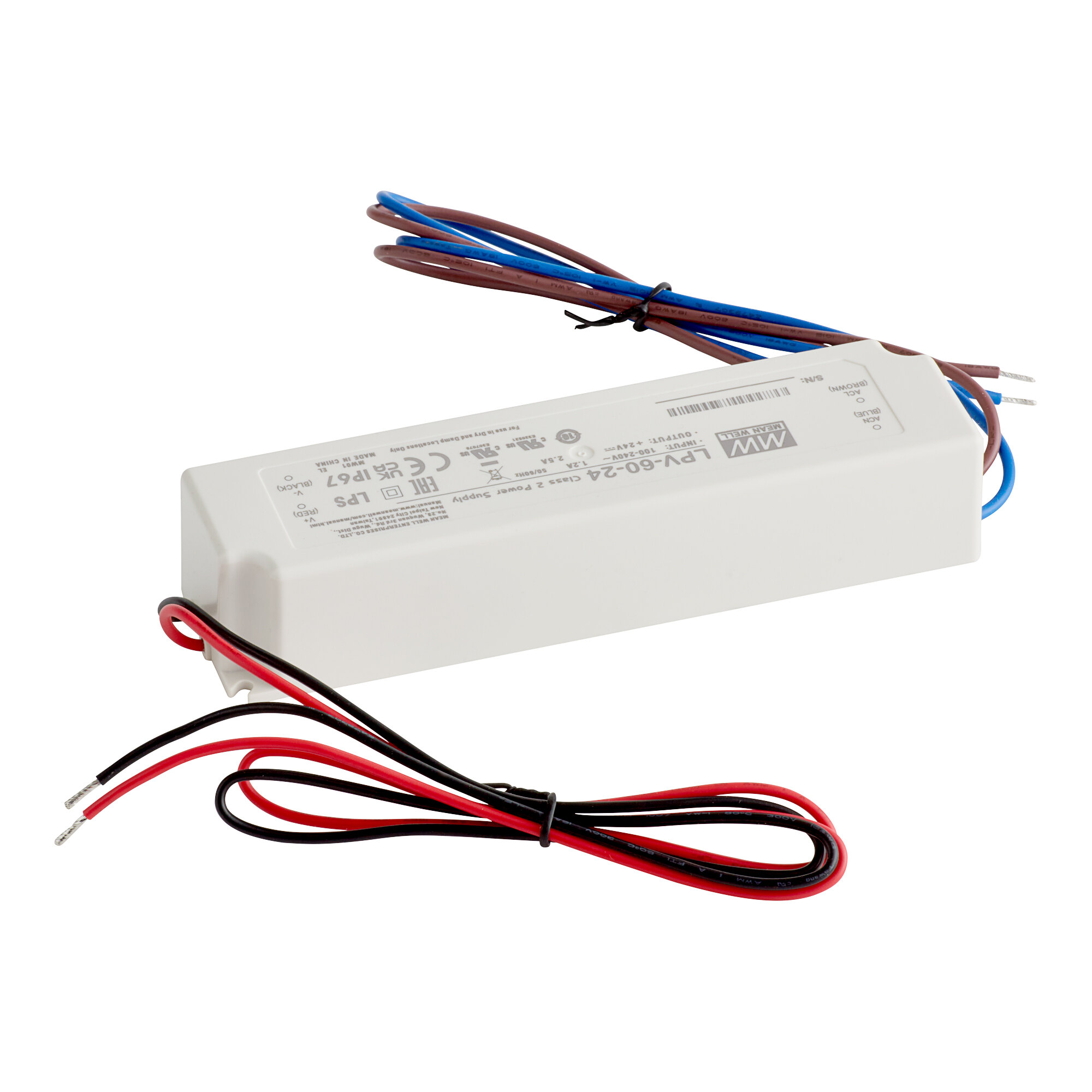 An Avantco LED driver and power supply with red and blue wires.