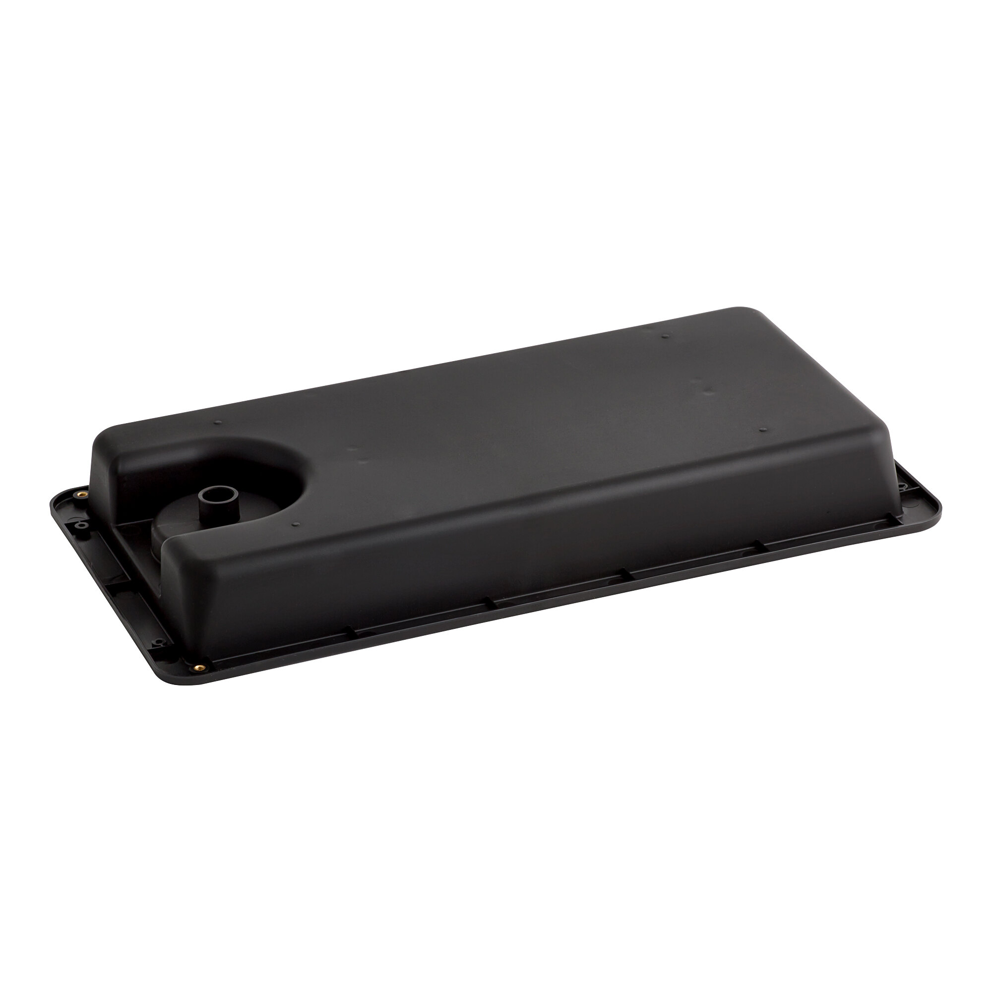 A black rectangular plastic condensate pan with a hole in the top.