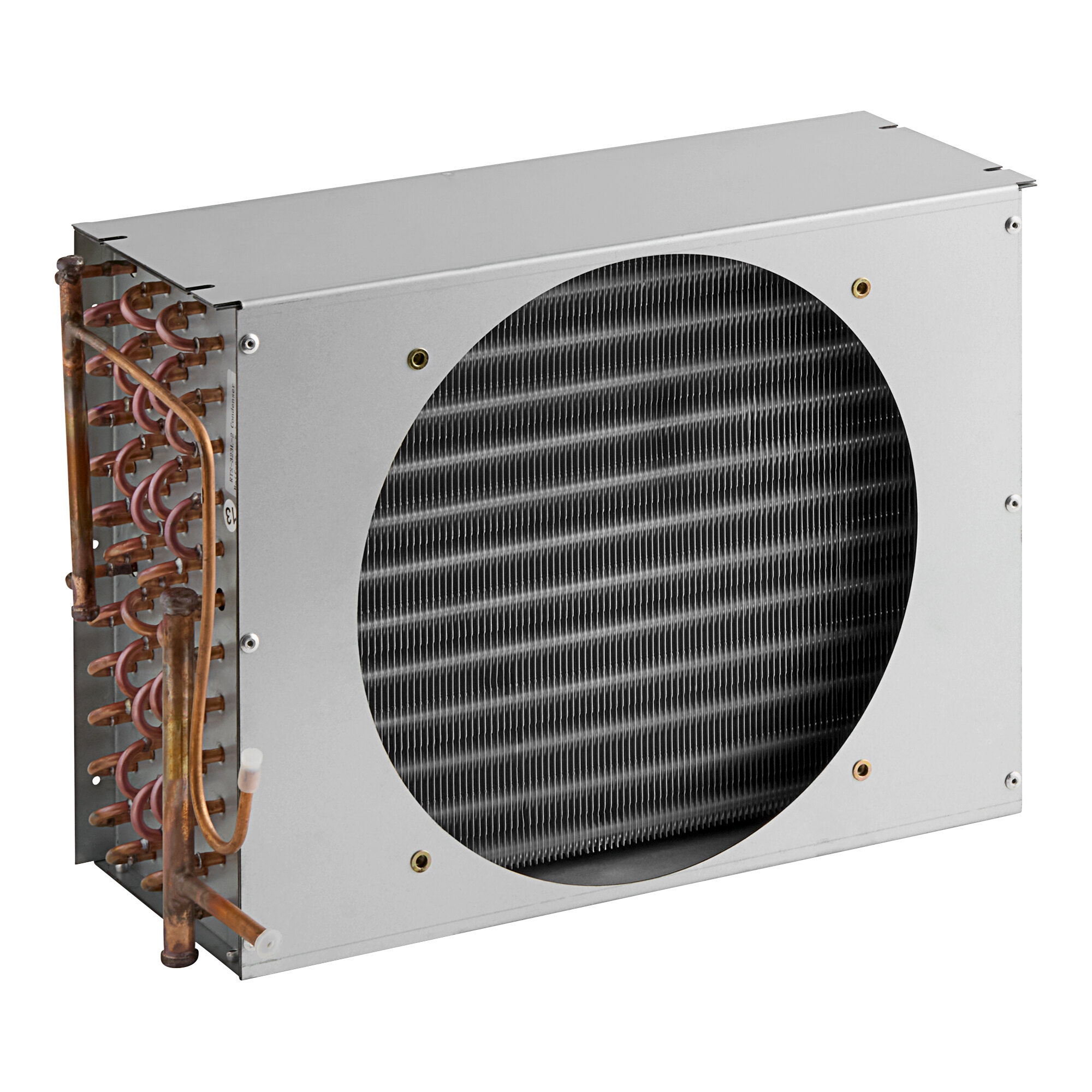 An Avantco condenser coil with copper pipes and coils inside a metal box with a round vent.