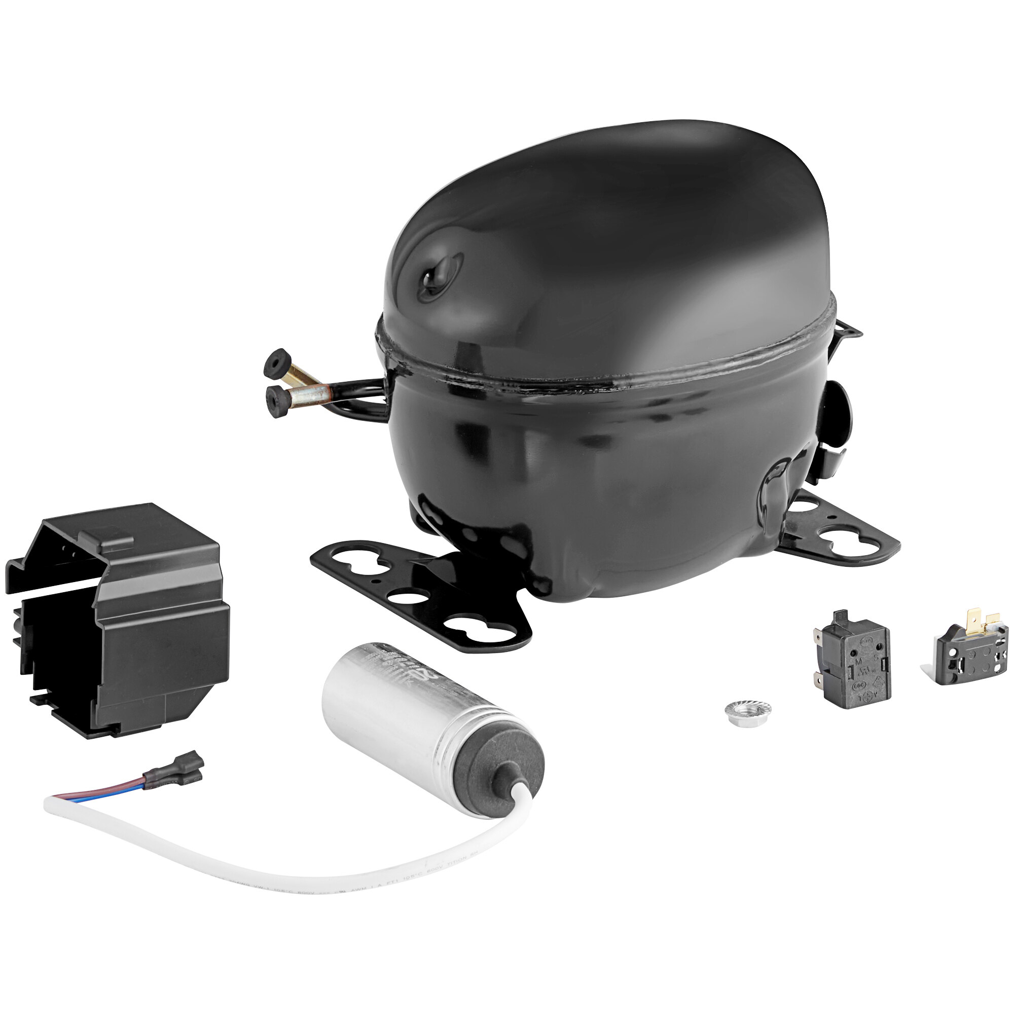 An Avantco black round compressor with wires.