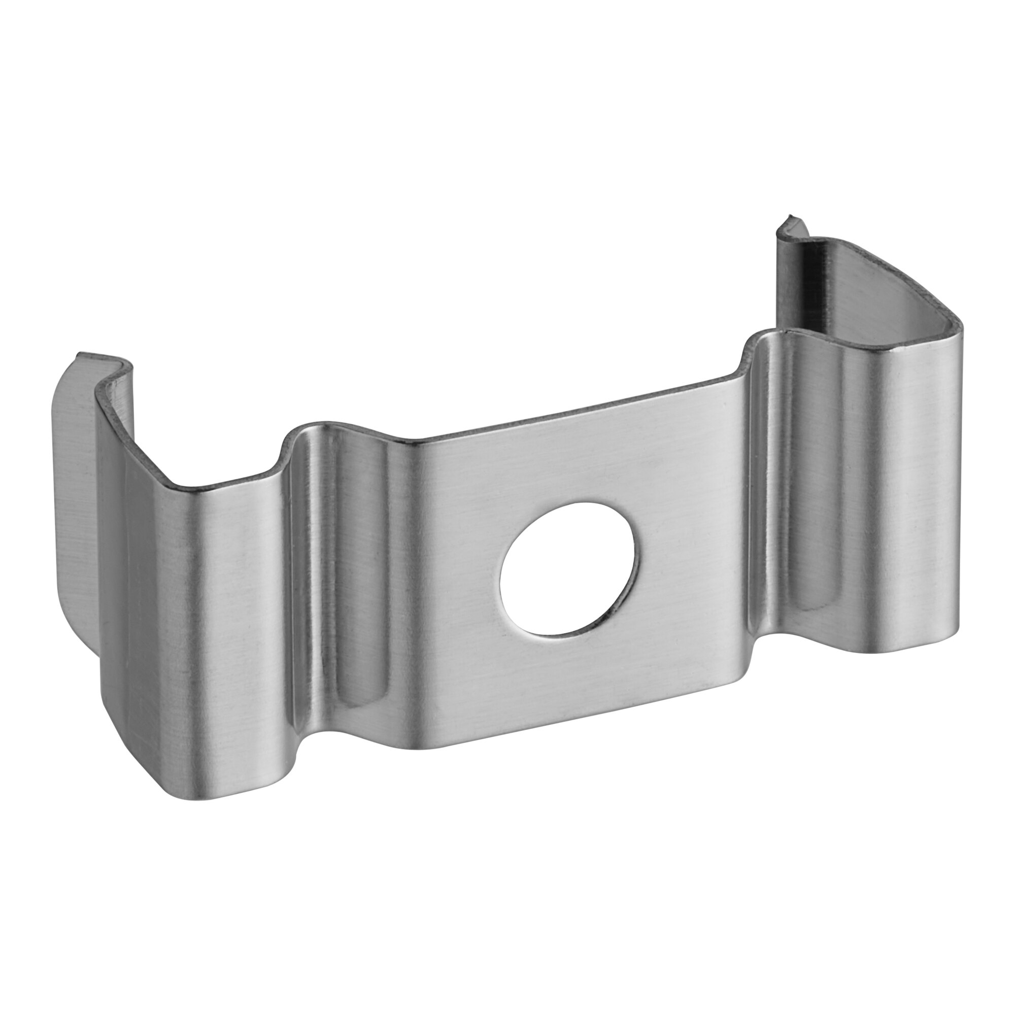 A stainless steel bracket with a hole for an Avantco VOA series light holder.
