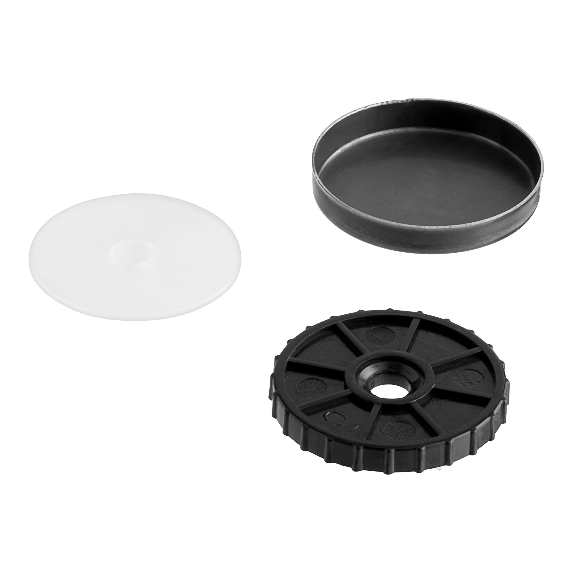 A black plastic disc with a round cap and a hole in the center.