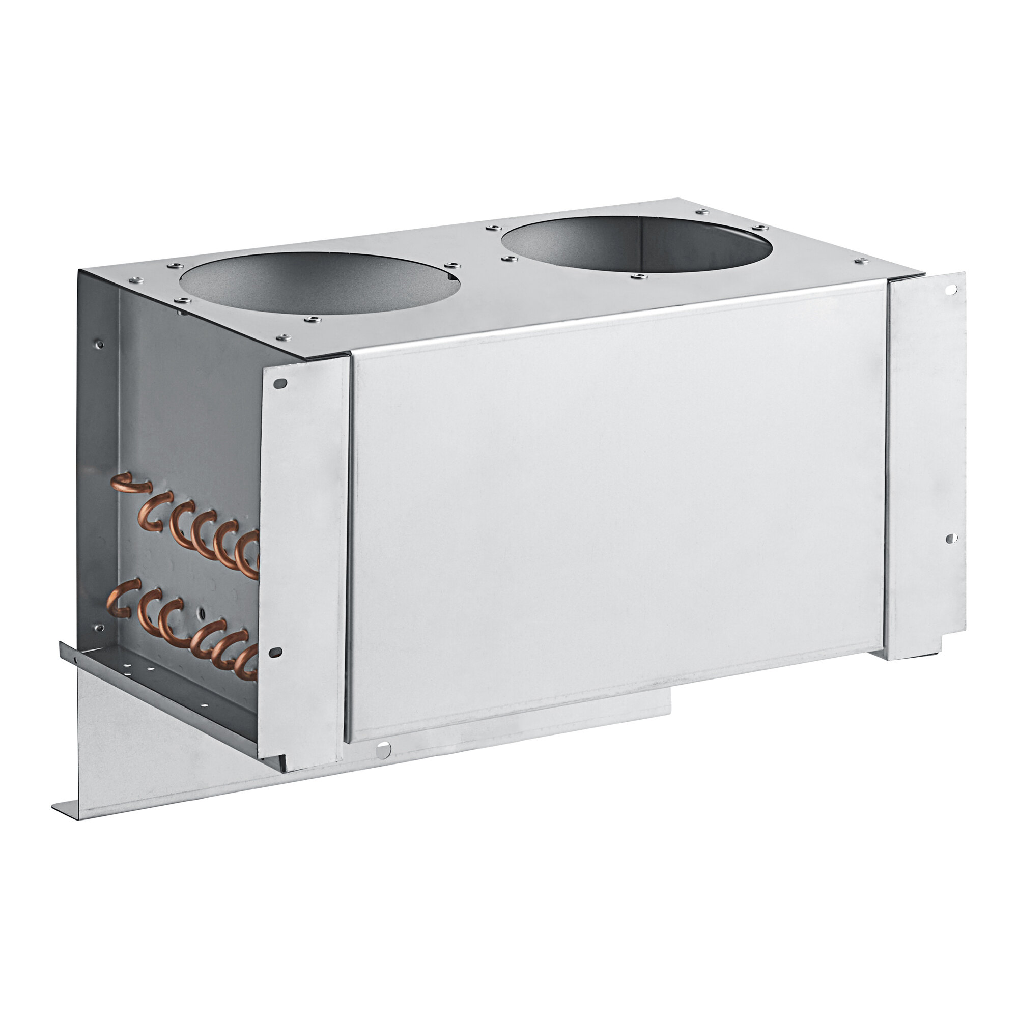 A silver metal box with two copper coils.