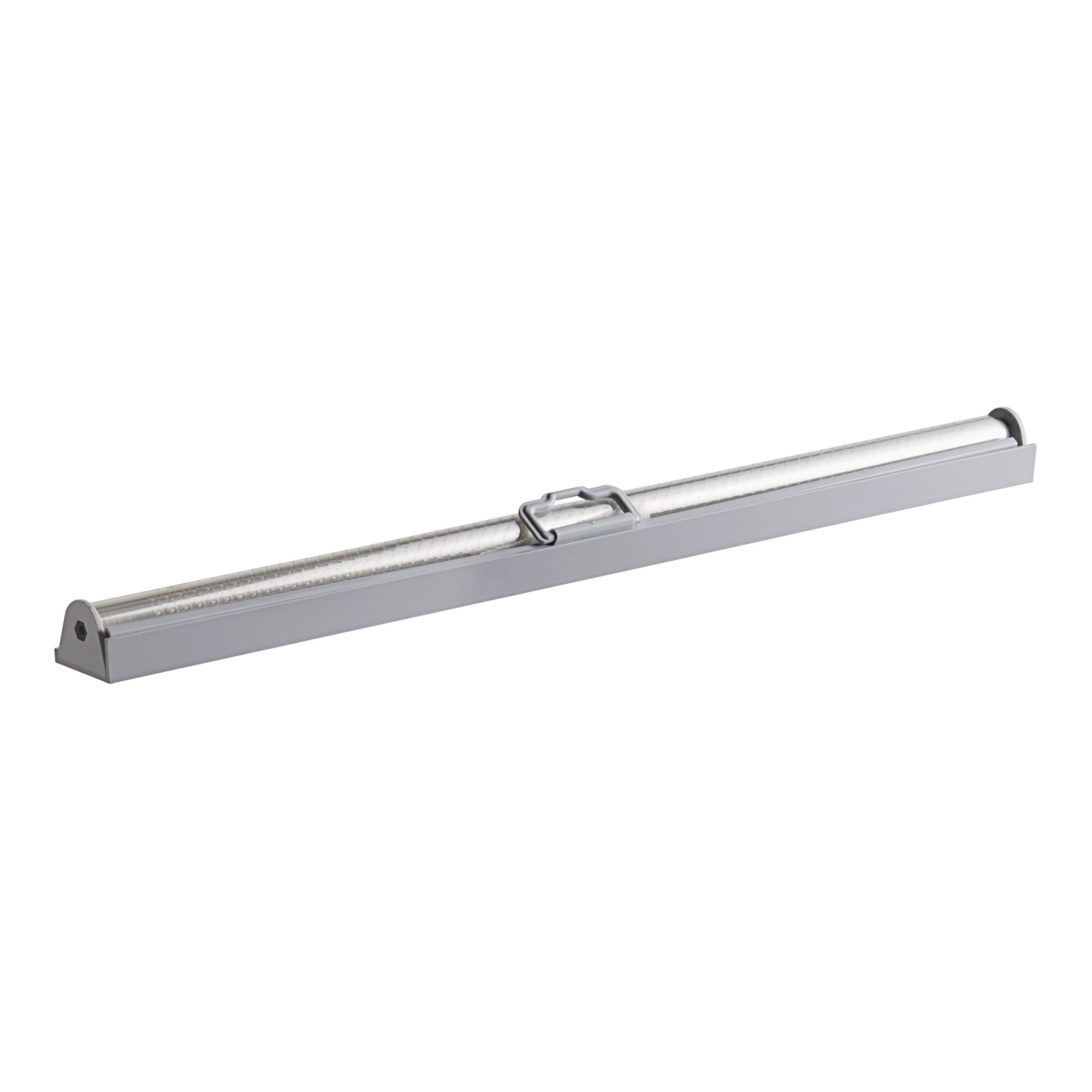 A grey rectangular metal night curtain with a metal handle.