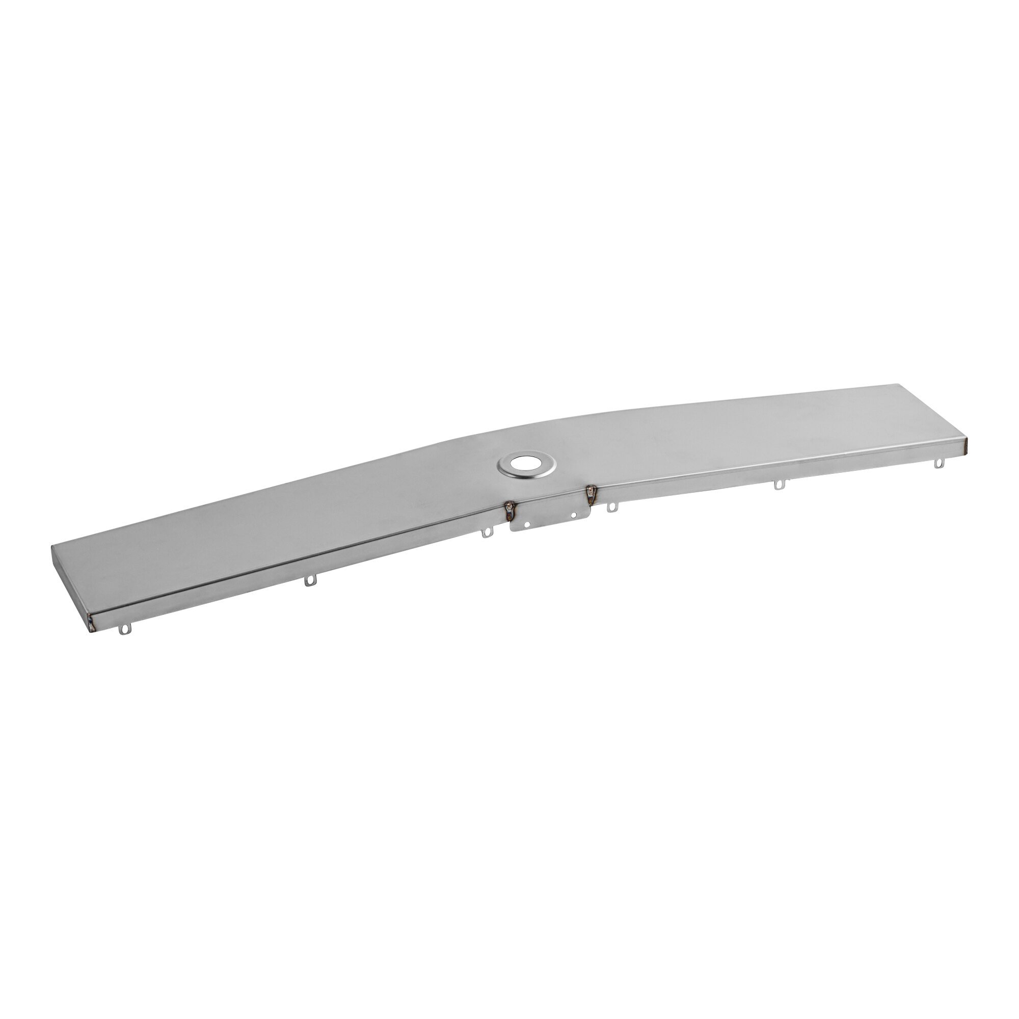 An Avantco evaporator drain pan with holes in it and a metal handle.