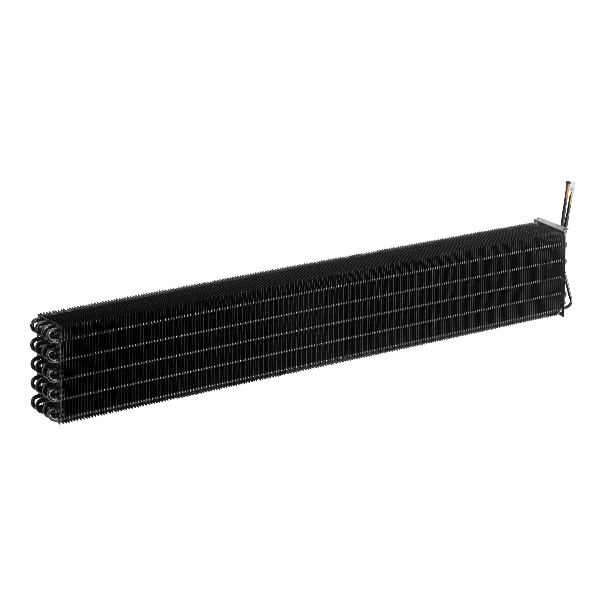 A black metal evaporator coil with many rows of pins and two wires.
