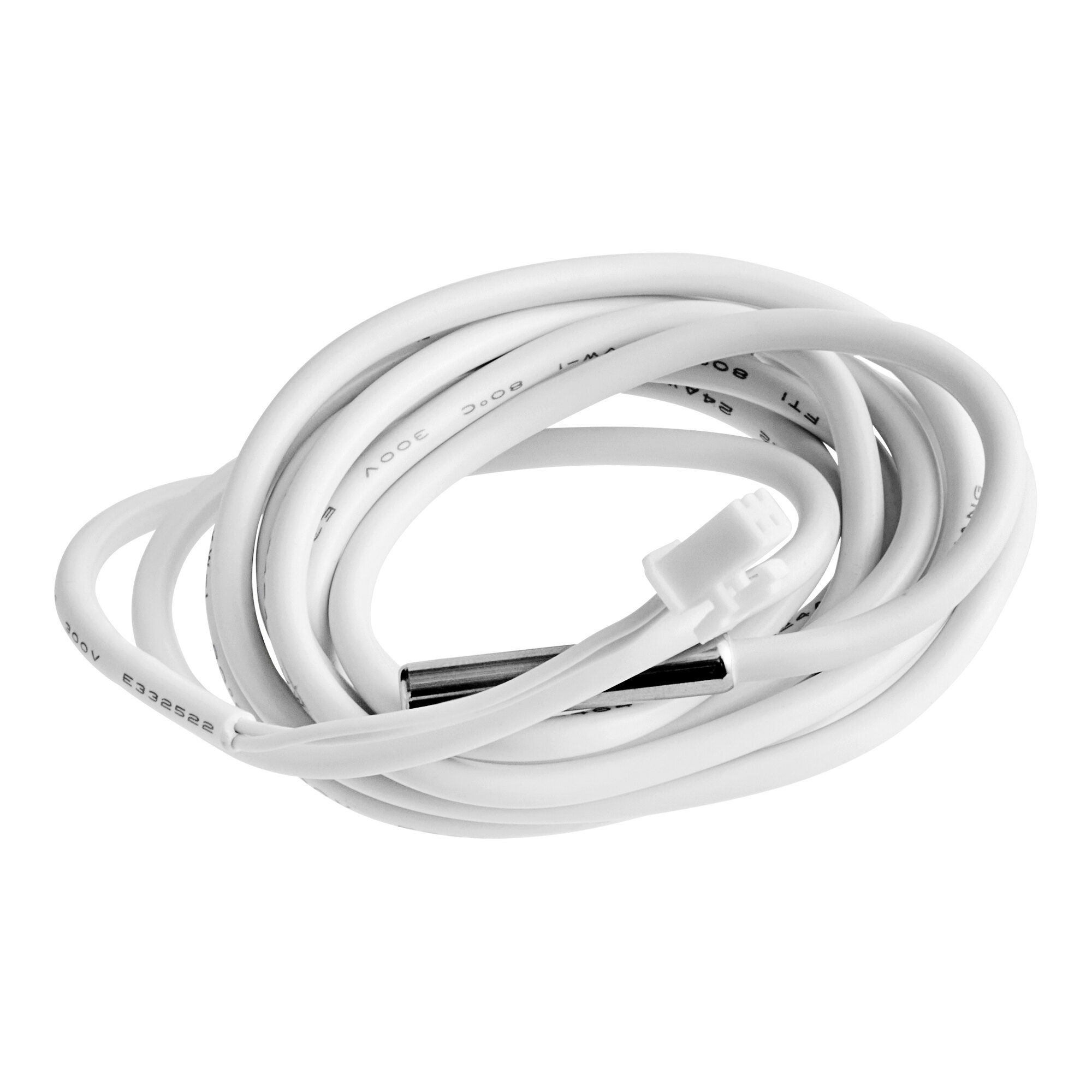 A close-up of a white cable with a metal end.