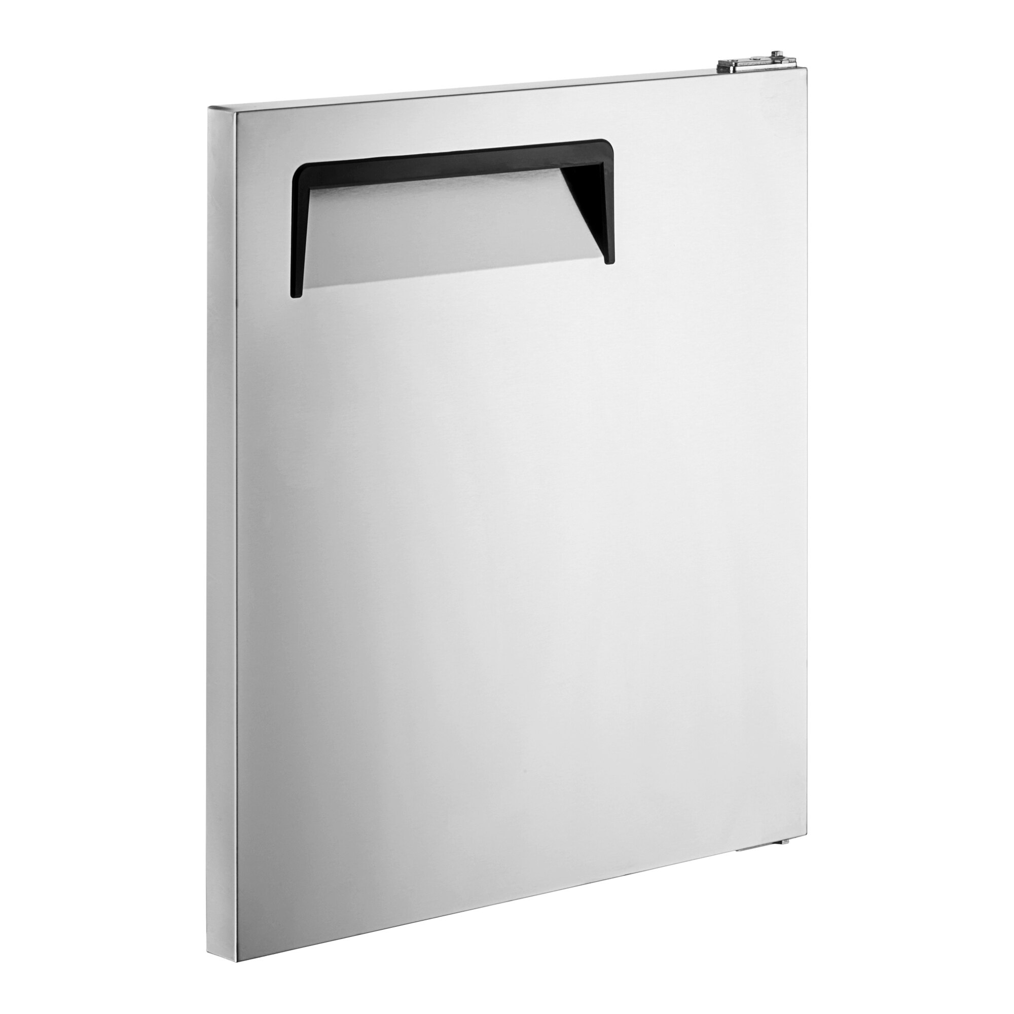 A stainless steel right-hinged door with a black handle.