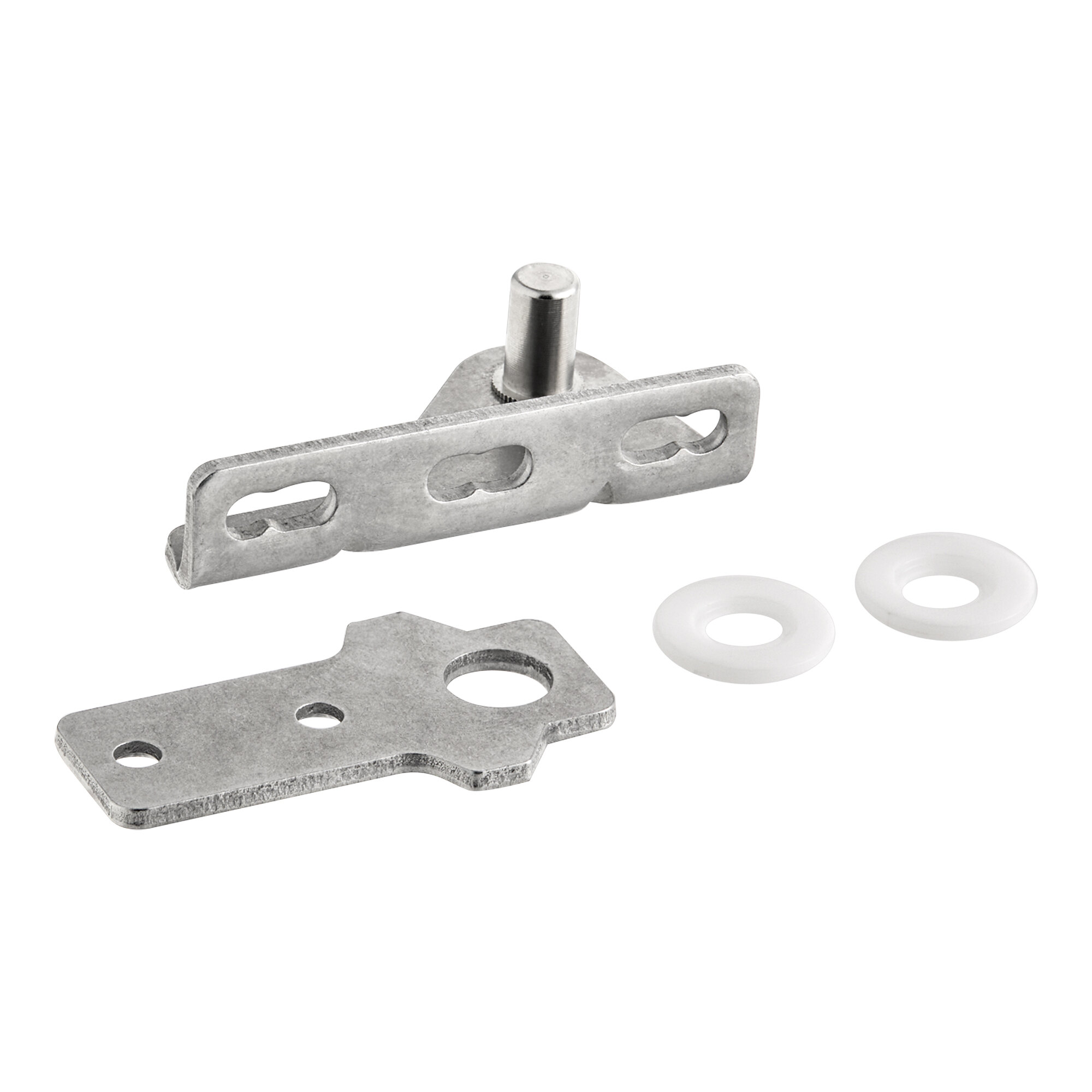 A metal bottom left hinge kit with two white washers for select AU and AWT series equipment.