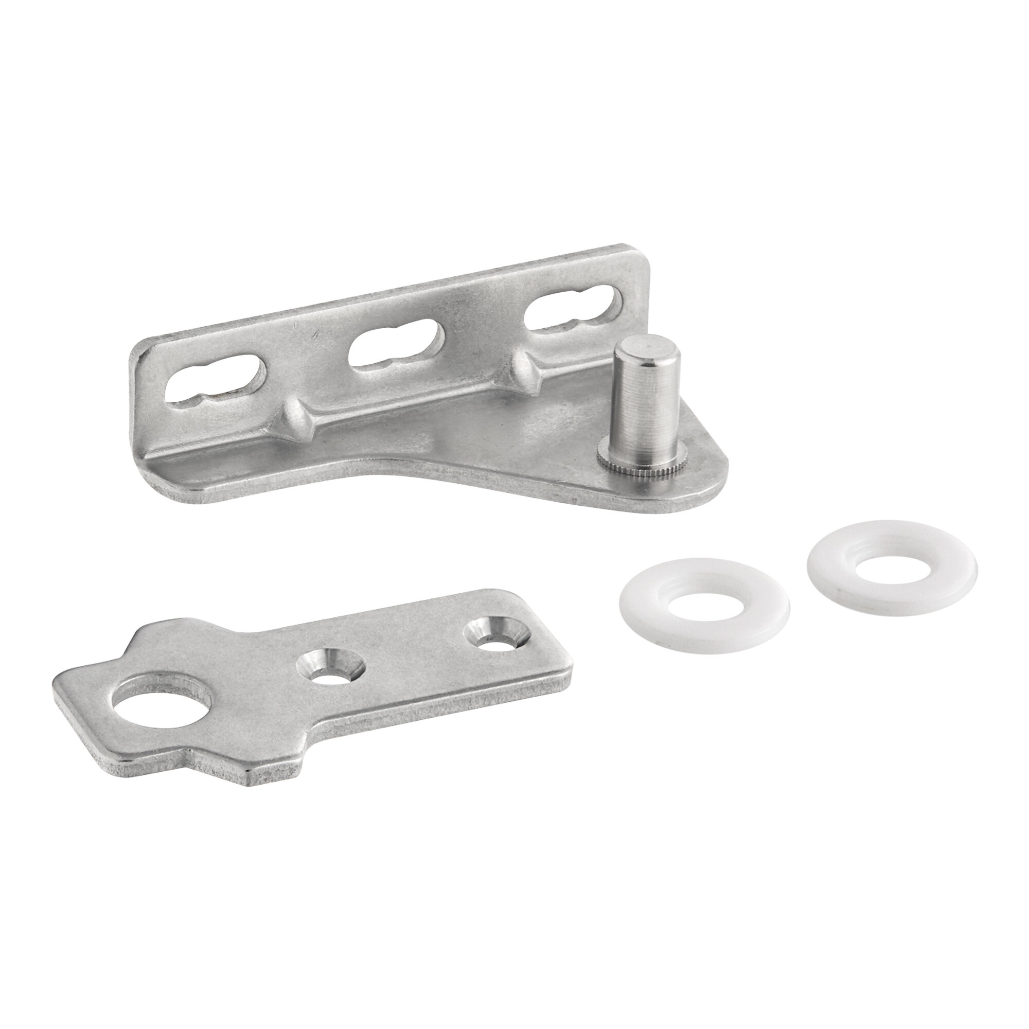 A metal bottom right hinge kit with two washers for select Avantco AU and AWT series equipment.