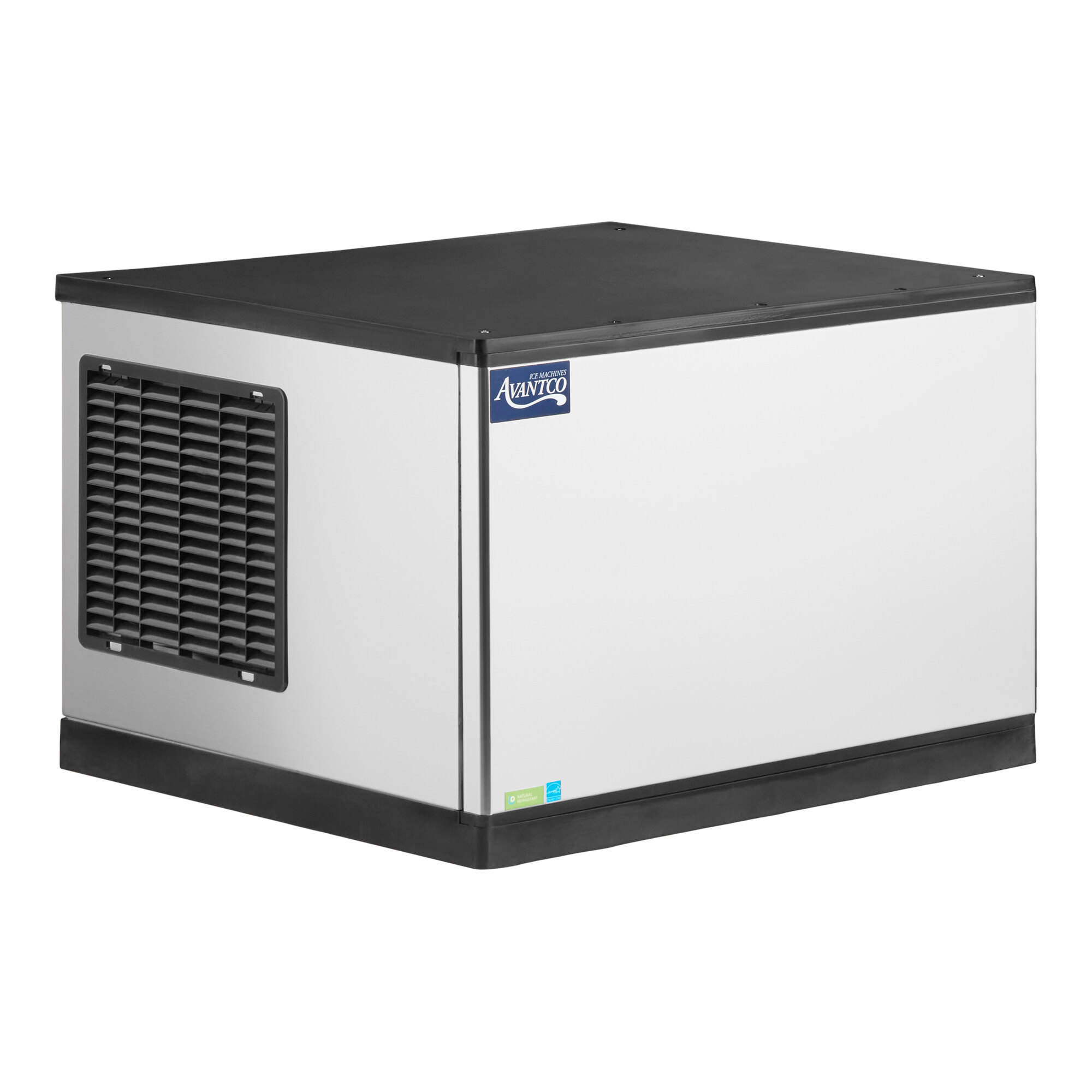 A commercial air-cooled modular half cube ice machine with a stainless steel exterior.