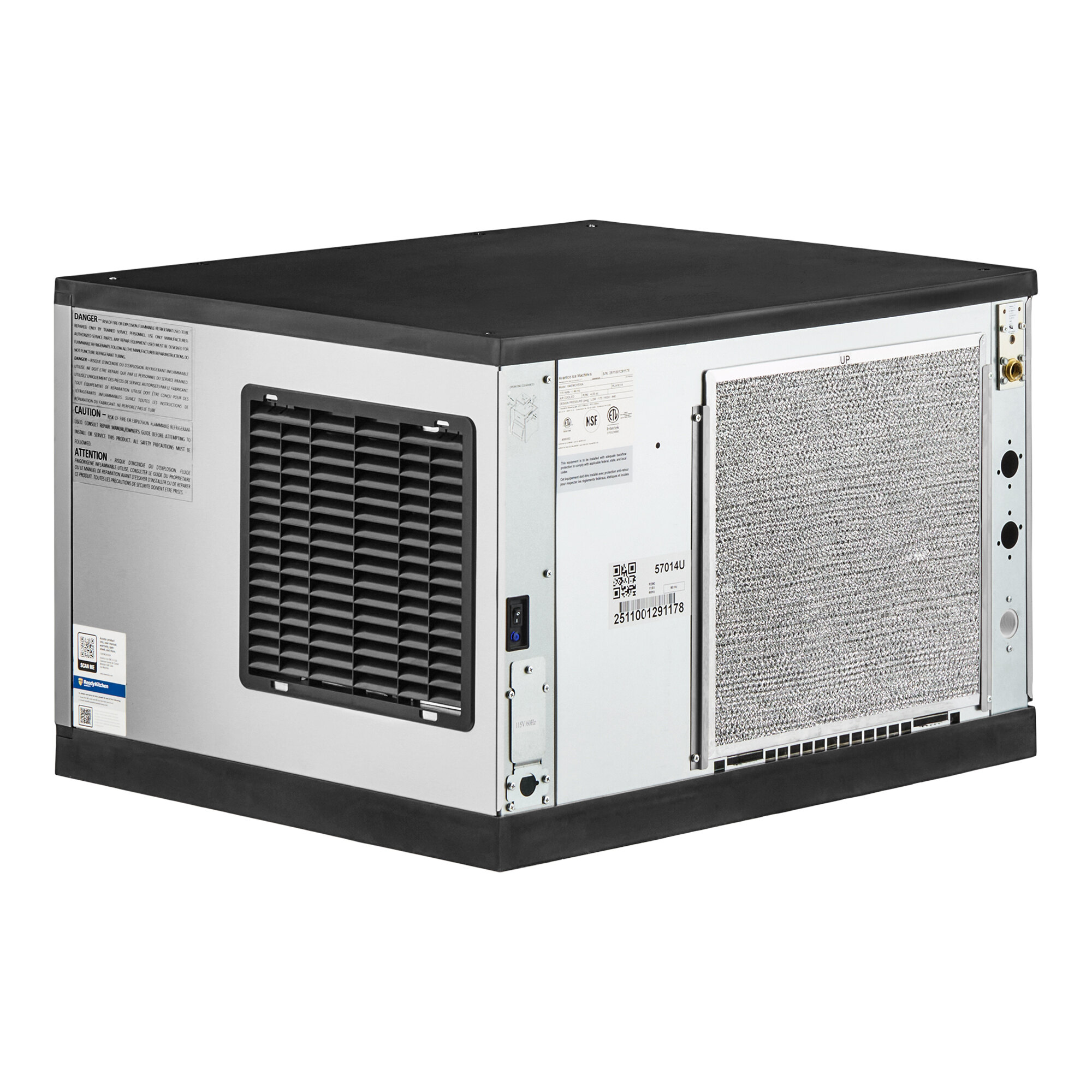 An air-cooled modular half cube ice machine with a stainless steel exterior and ventilation grilles.