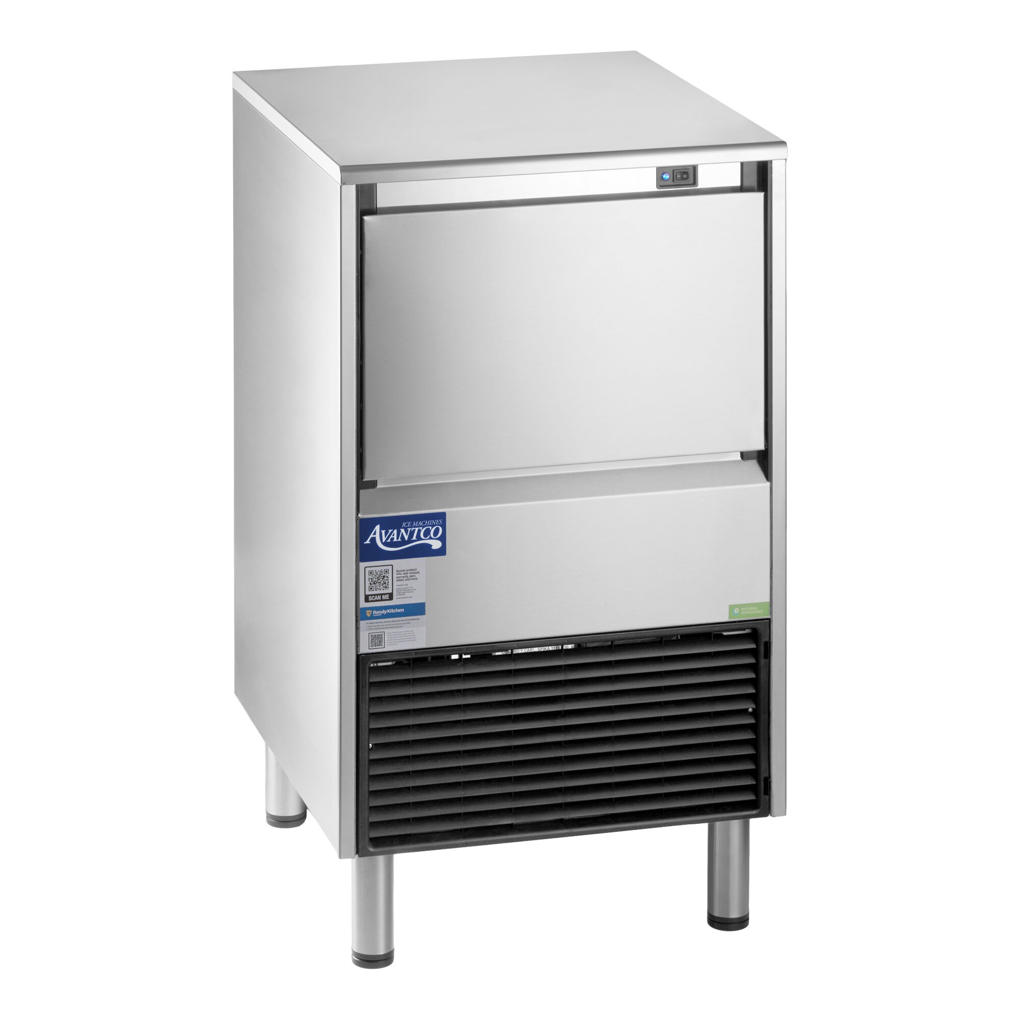 An undercounter air-cooled ice machine with a stainless steel exterior and a front vent, designed for producing full cube ice.