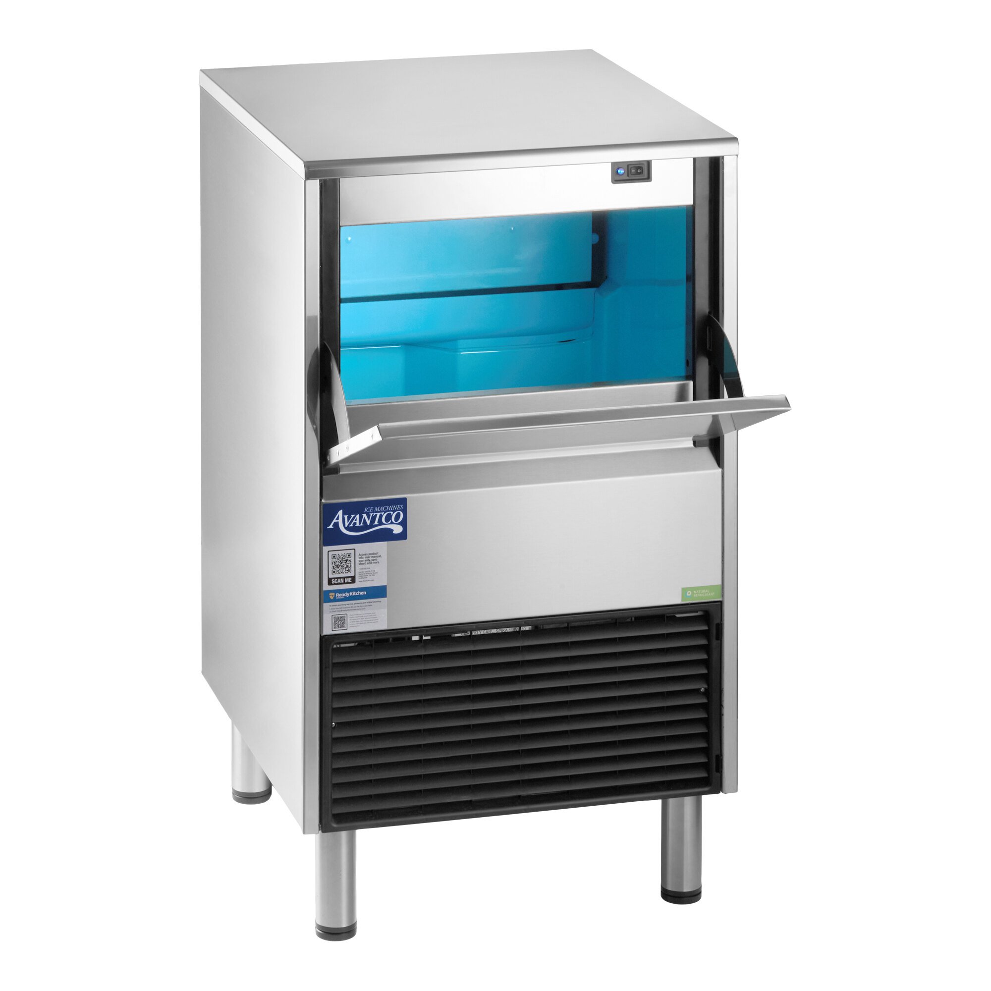 An undercounter air-cooled ice machine with a stainless steel exterior and a front-opening bin.