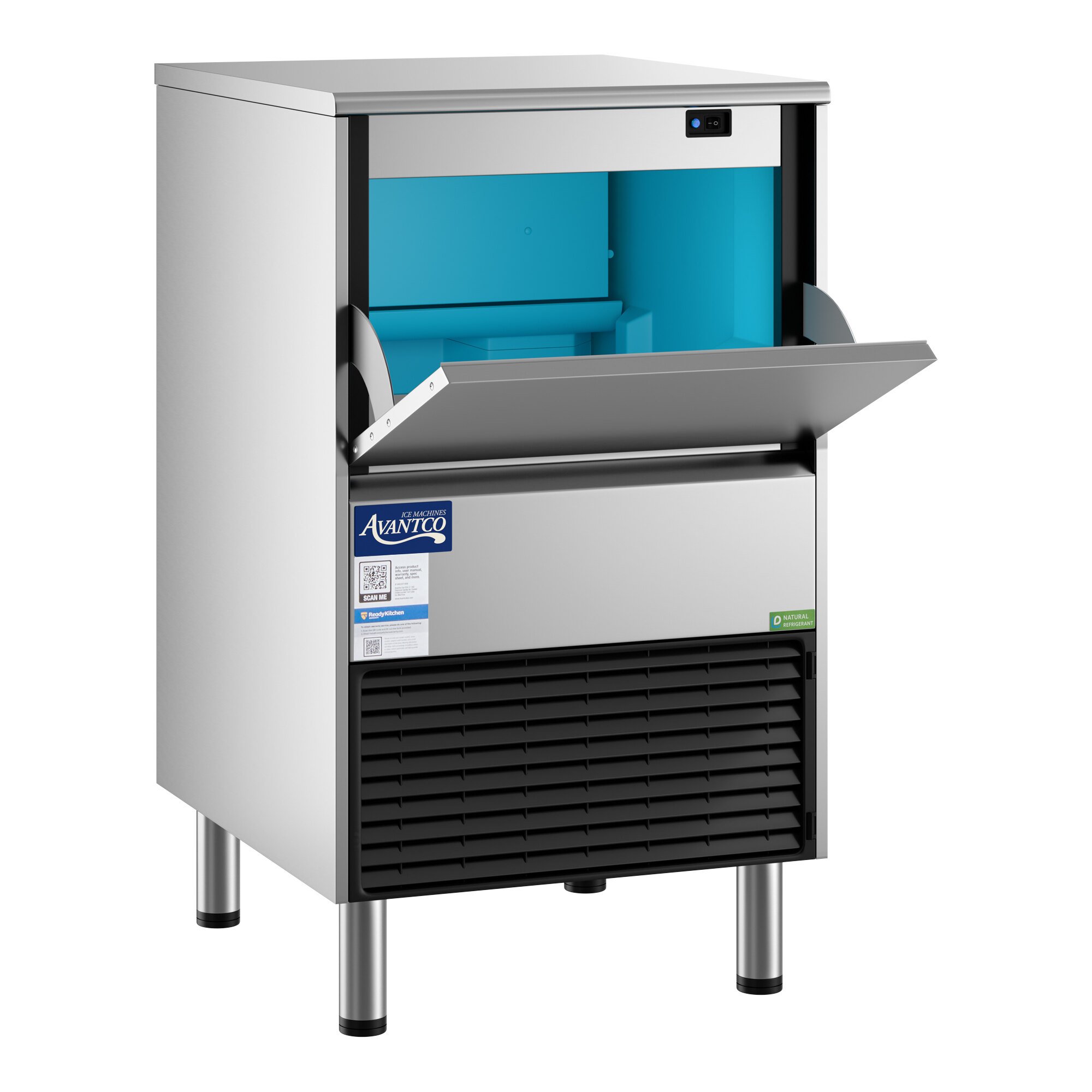 An undercounter air-cooled ice machine with a stainless steel exterior and a front-opening bin.
