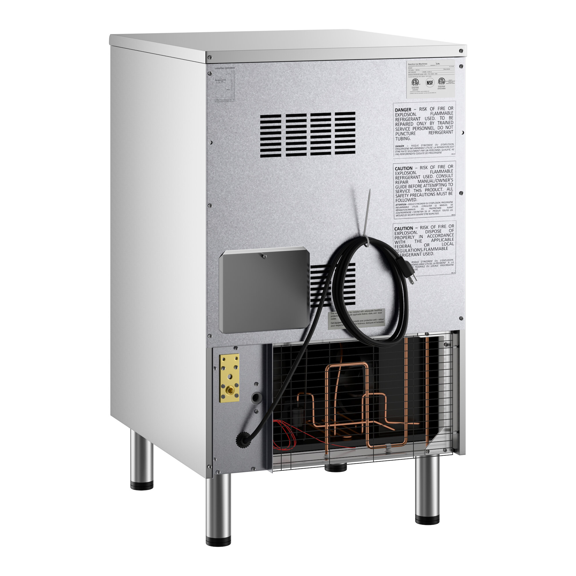 An undercounter air-cooled ice machine with a metal exterior, visible rear ventilation, and attached power cord.
