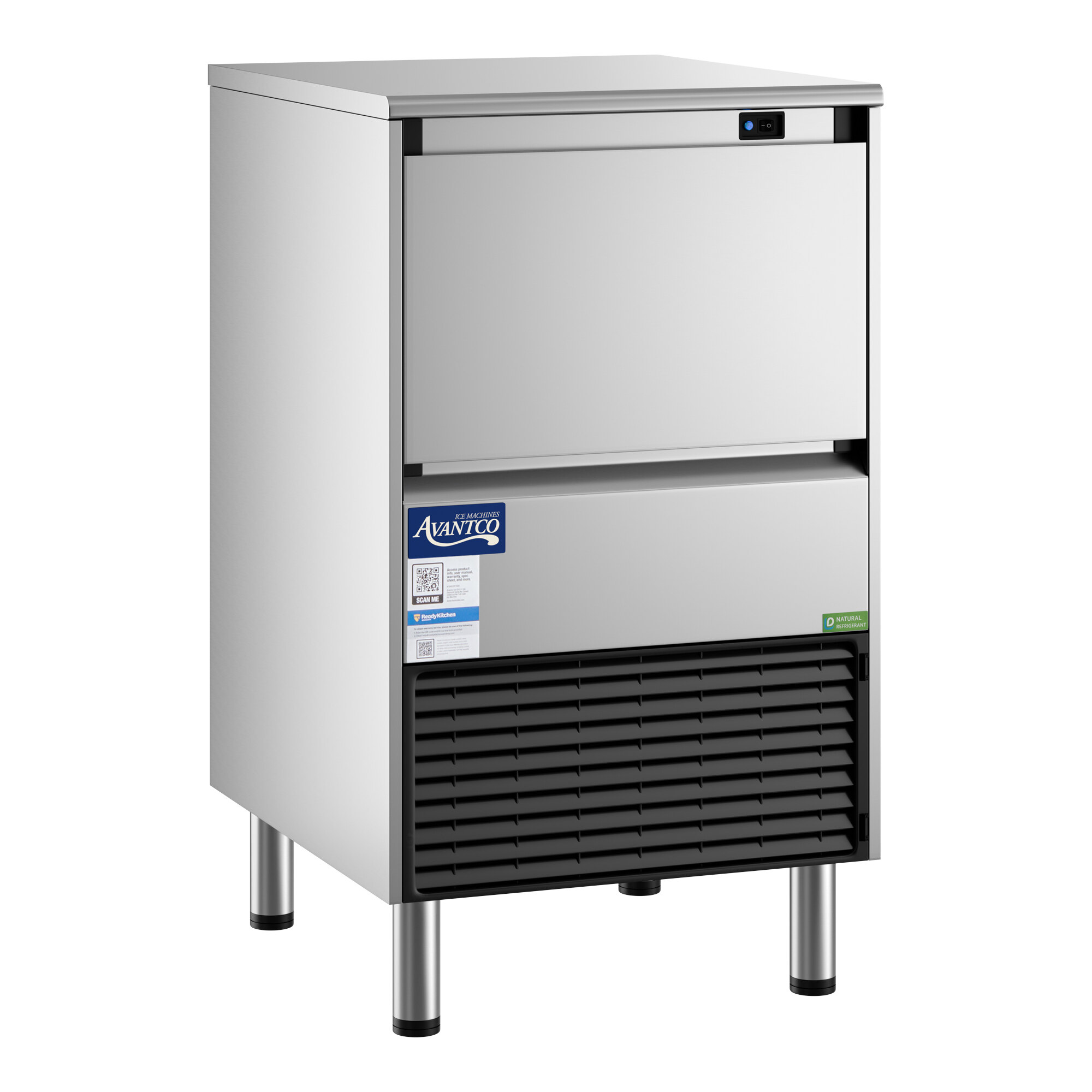 An undercounter air-cooled ice machine with a stainless steel exterior and a front vent, designed for producing full cube ice.