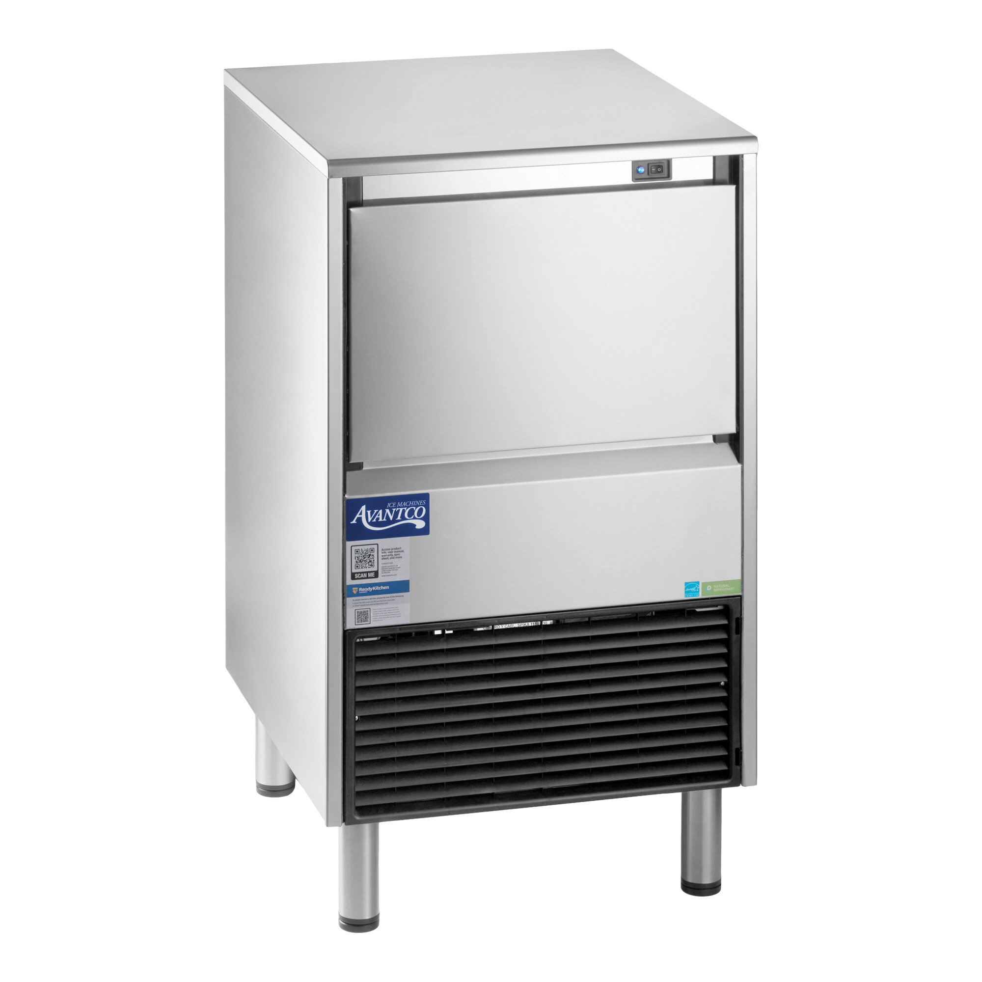 An undercounter air-cooled ice machine with a stainless steel exterior and a built-in storage bin.