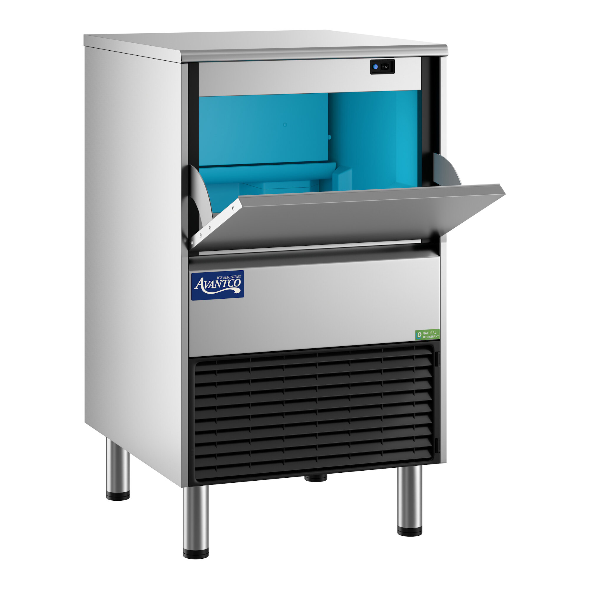 An undercounter air-cooled ice machine with a stainless steel exterior and a front-opening bin.