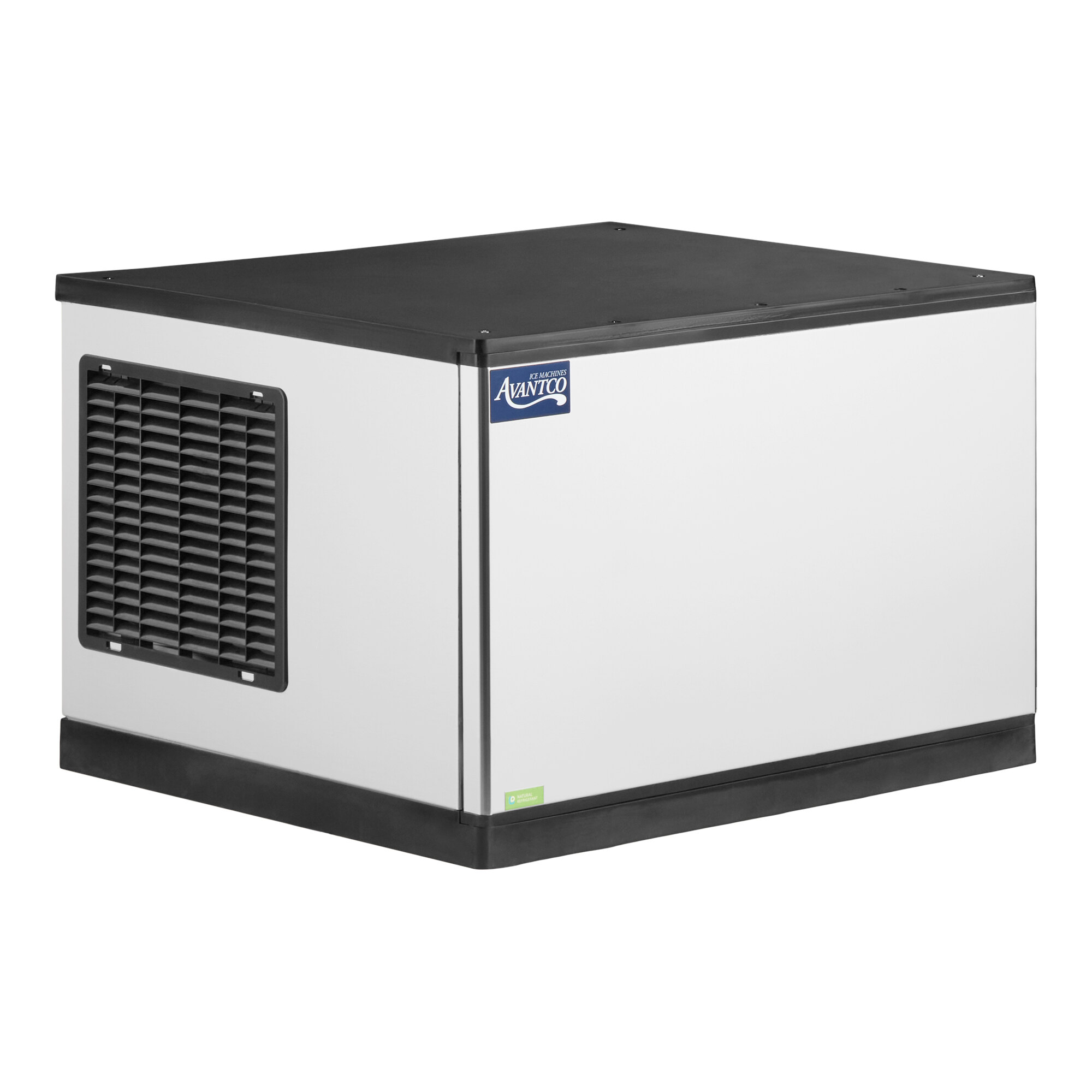 A commercial air-cooled modular full cube ice machine with a white and black exterior.