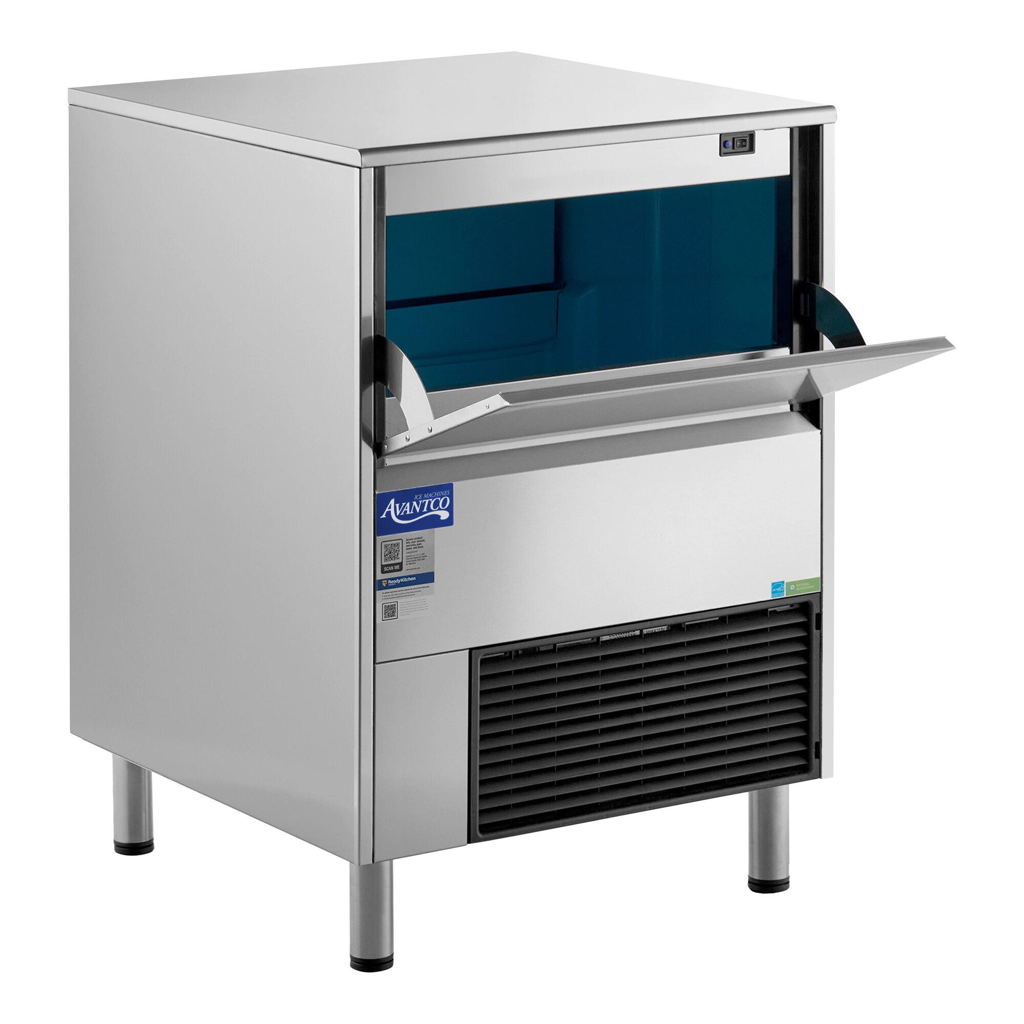 An undercounter air-cooled ice machine with a stainless steel exterior and a front-opening bin.