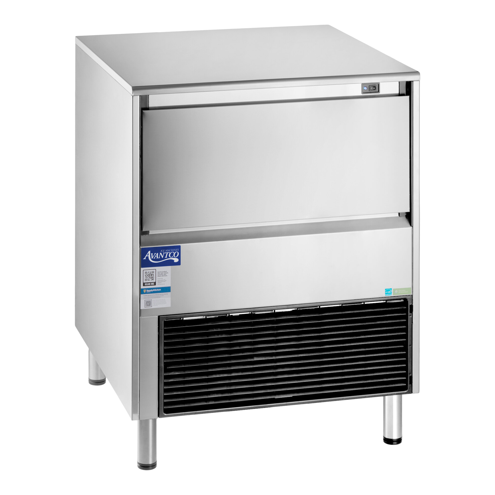 An undercounter air-cooled ice machine with a stainless steel exterior and a front bin for ice storage.