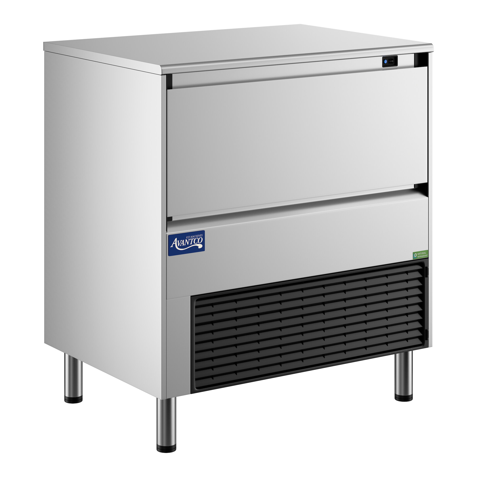 An undercounter air-cooled ice machine with a stainless steel exterior and a front bin, designed for commercial use.