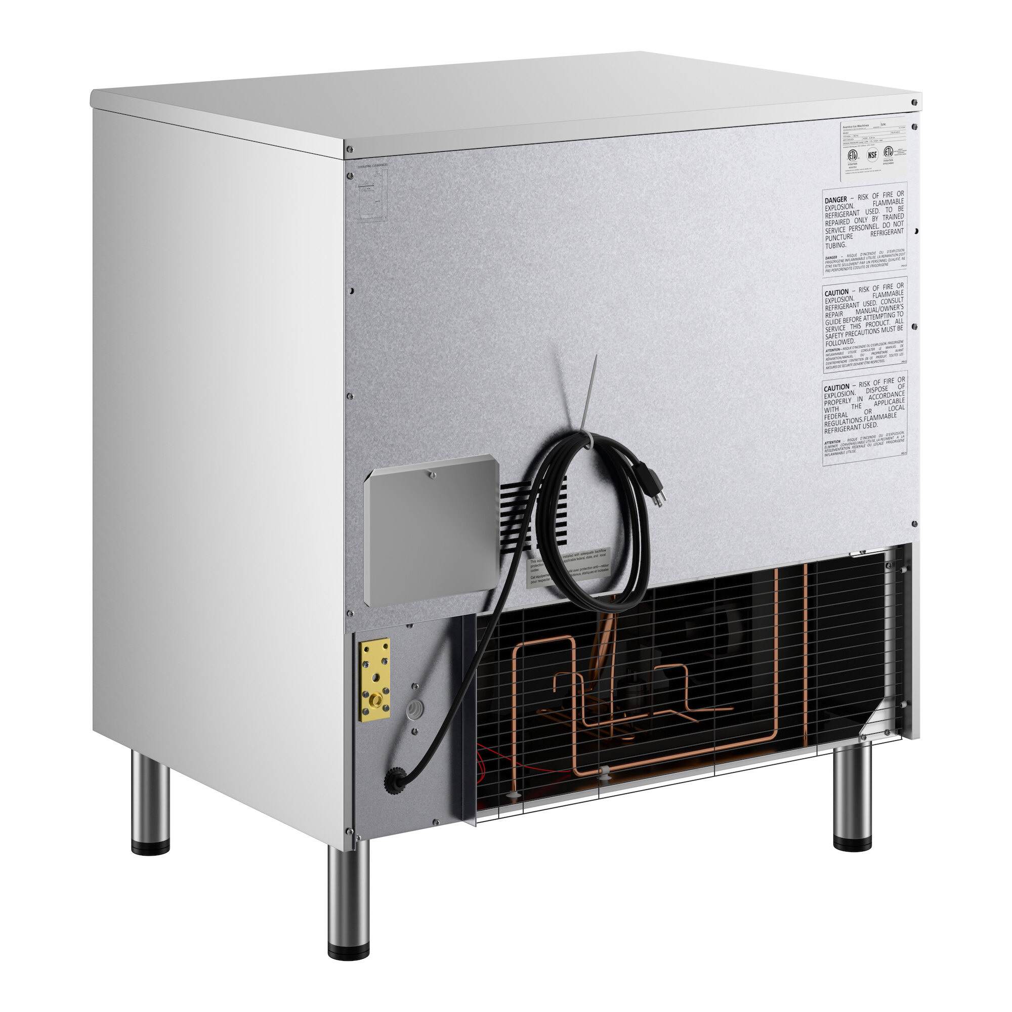 An air-cooled undercounter half cube ice machine with a 99 lb. bin and visible power cord.