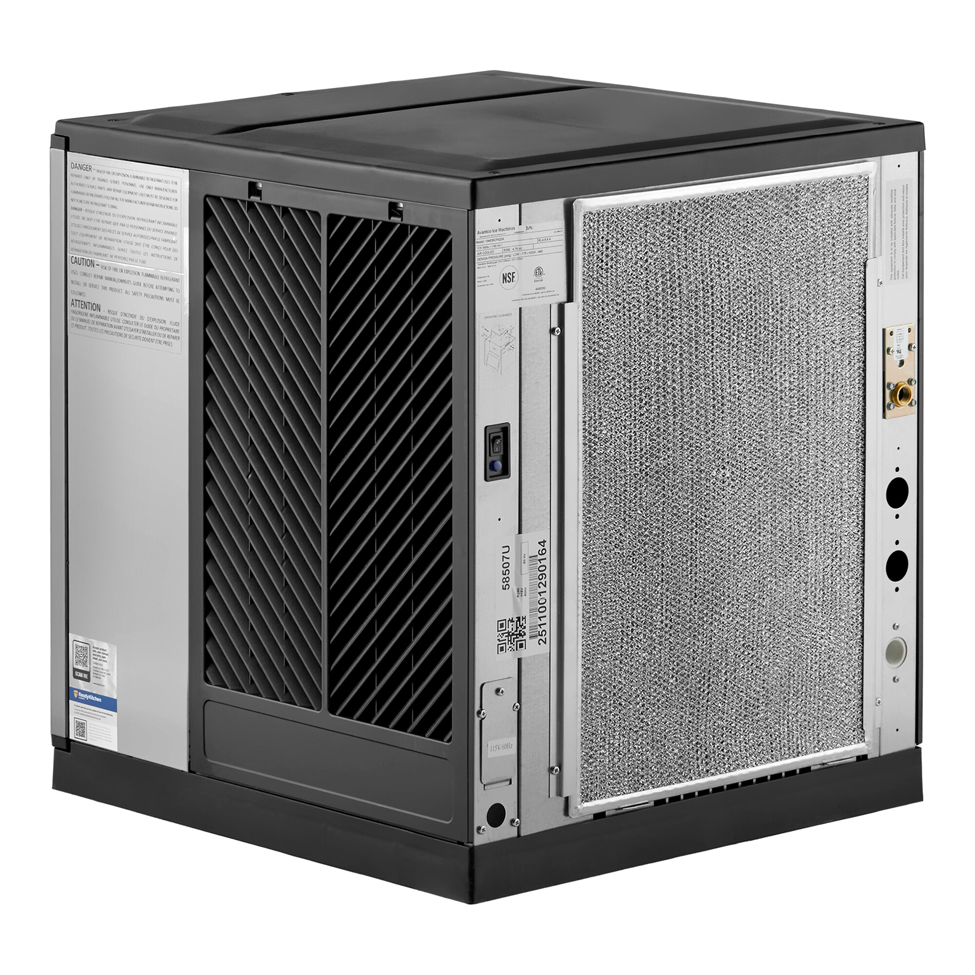 An air-cooled modular full cube ice machine with a metal exterior and vented panels.