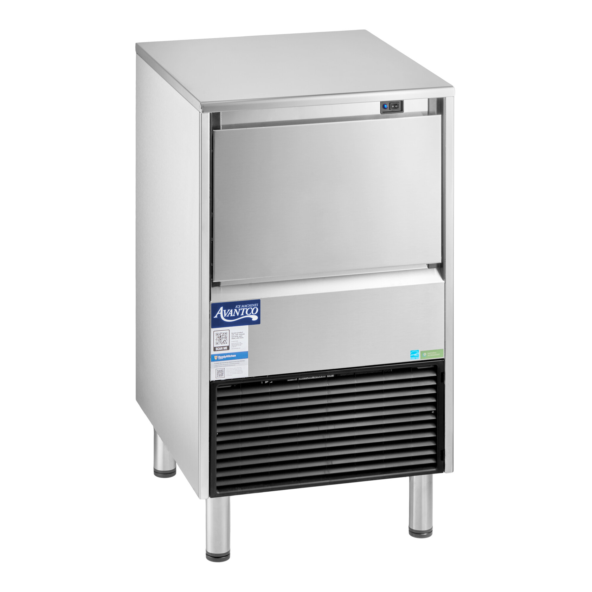 An undercounter air-cooled ice machine with a stainless steel exterior and a built-in storage bin.
