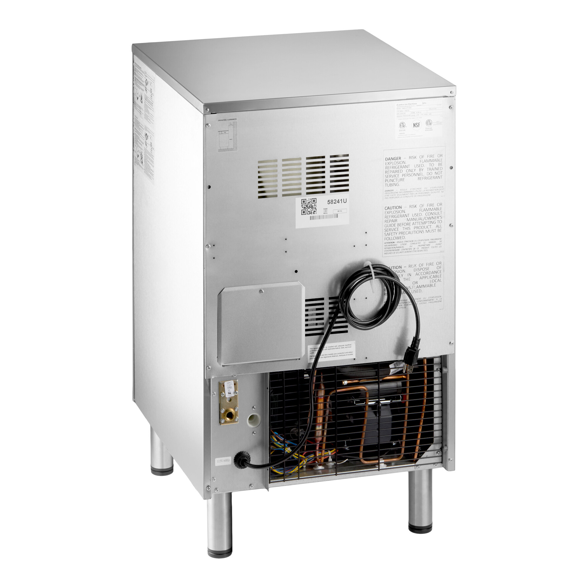 An air-cooled undercounter half cube ice machine with a stainless steel exterior and visible rear components.