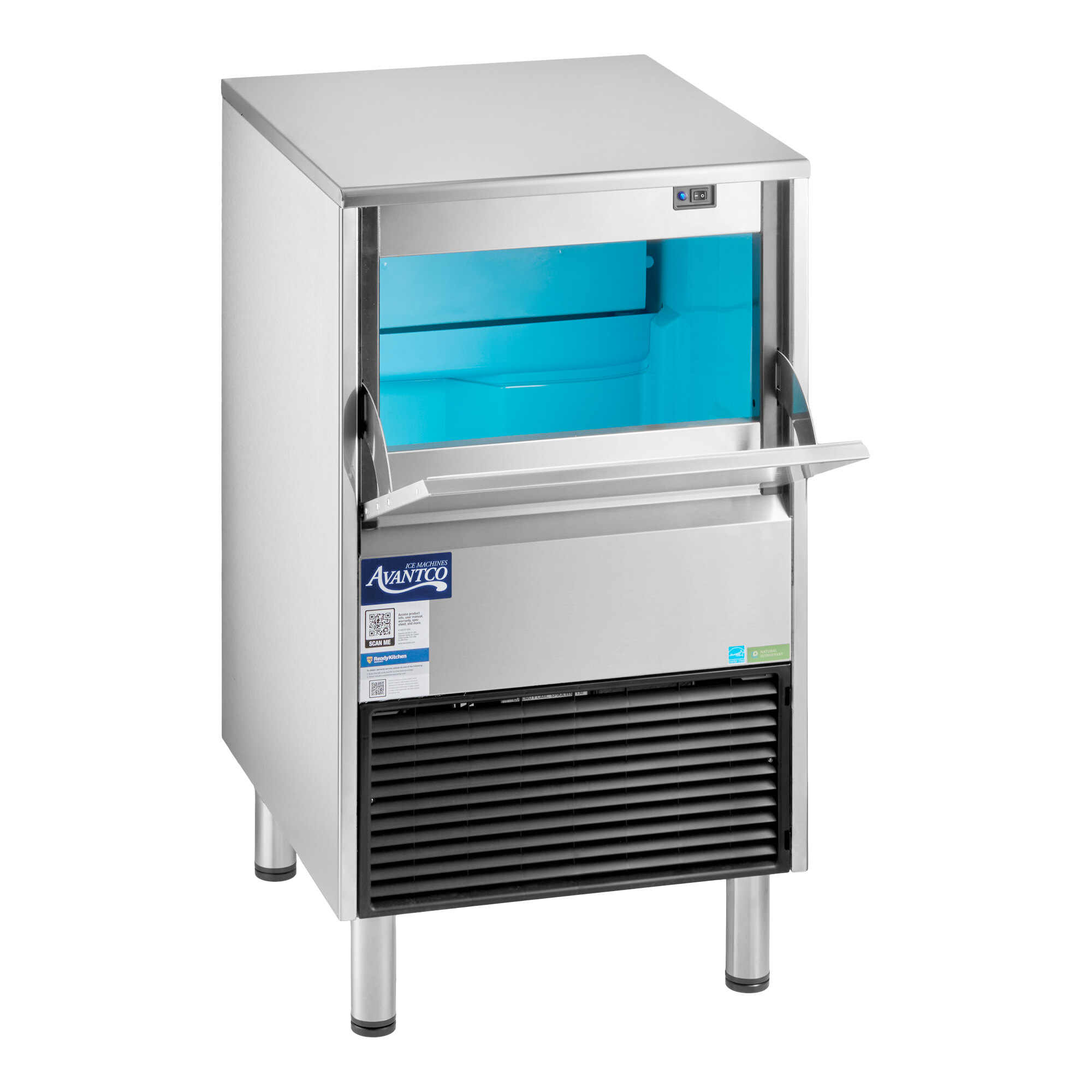 An undercounter air-cooled ice machine with a stainless steel exterior and a front-opening bin.