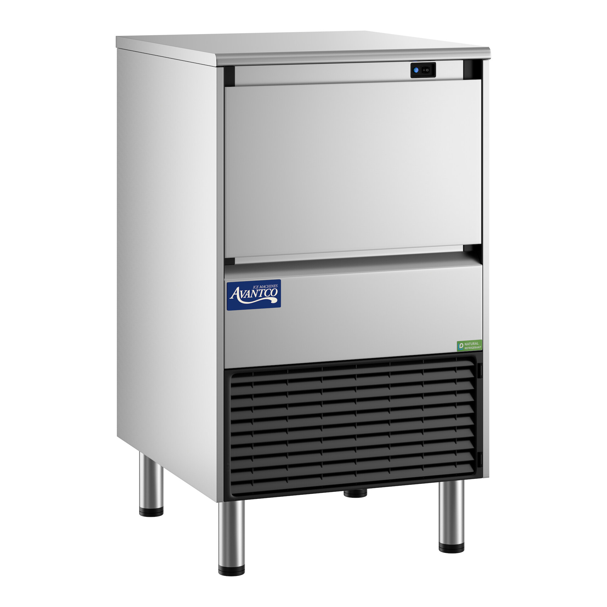 An undercounter air-cooled half cube ice machine with a stainless steel exterior and a built-in storage bin.