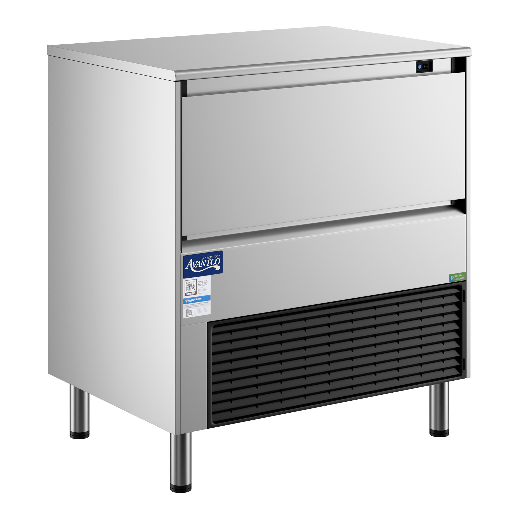 An undercounter air-cooled ice machine with a stainless steel exterior and a front vent, designed for commercial use.