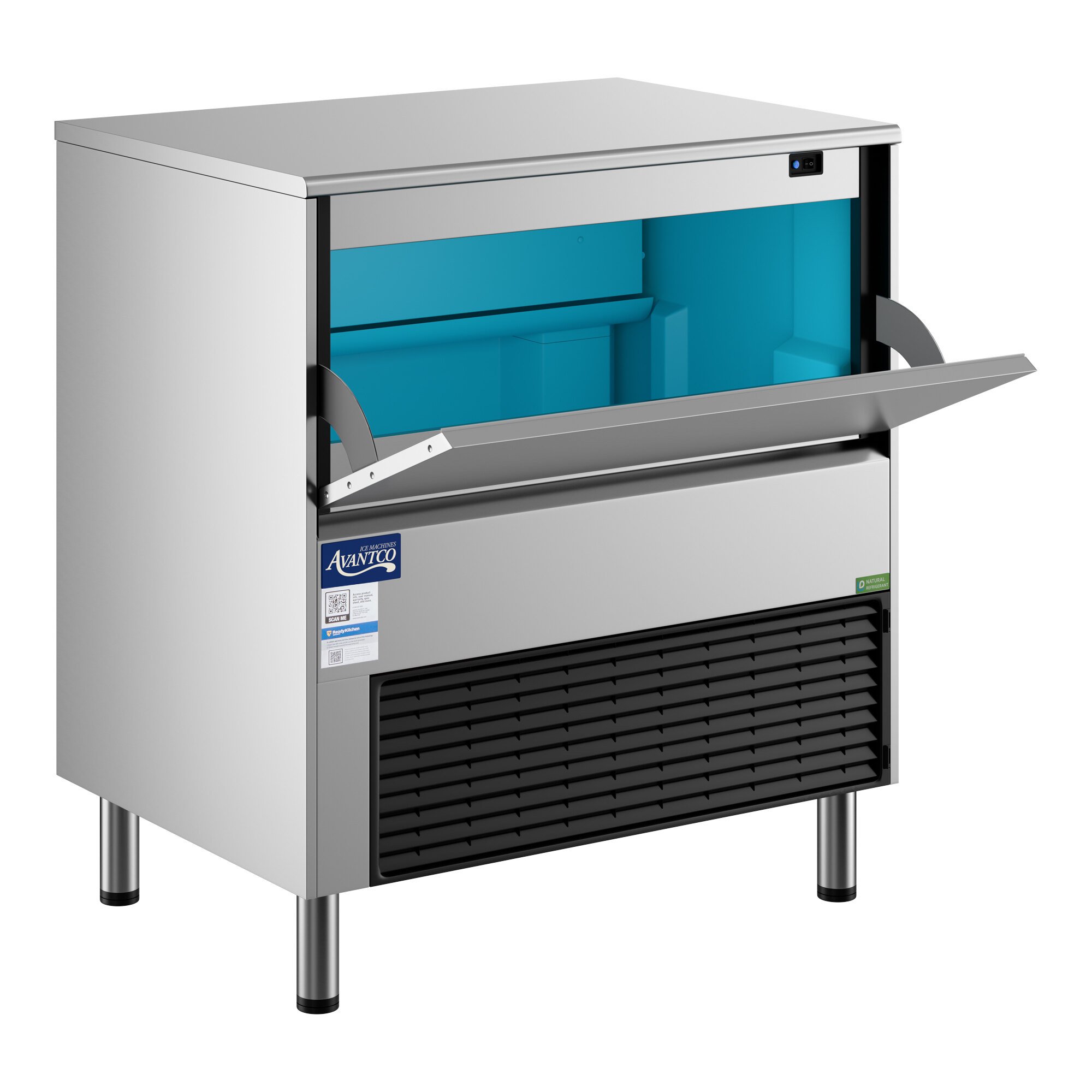 An undercounter air-cooled ice machine with a stainless steel exterior and a front-opening bin.