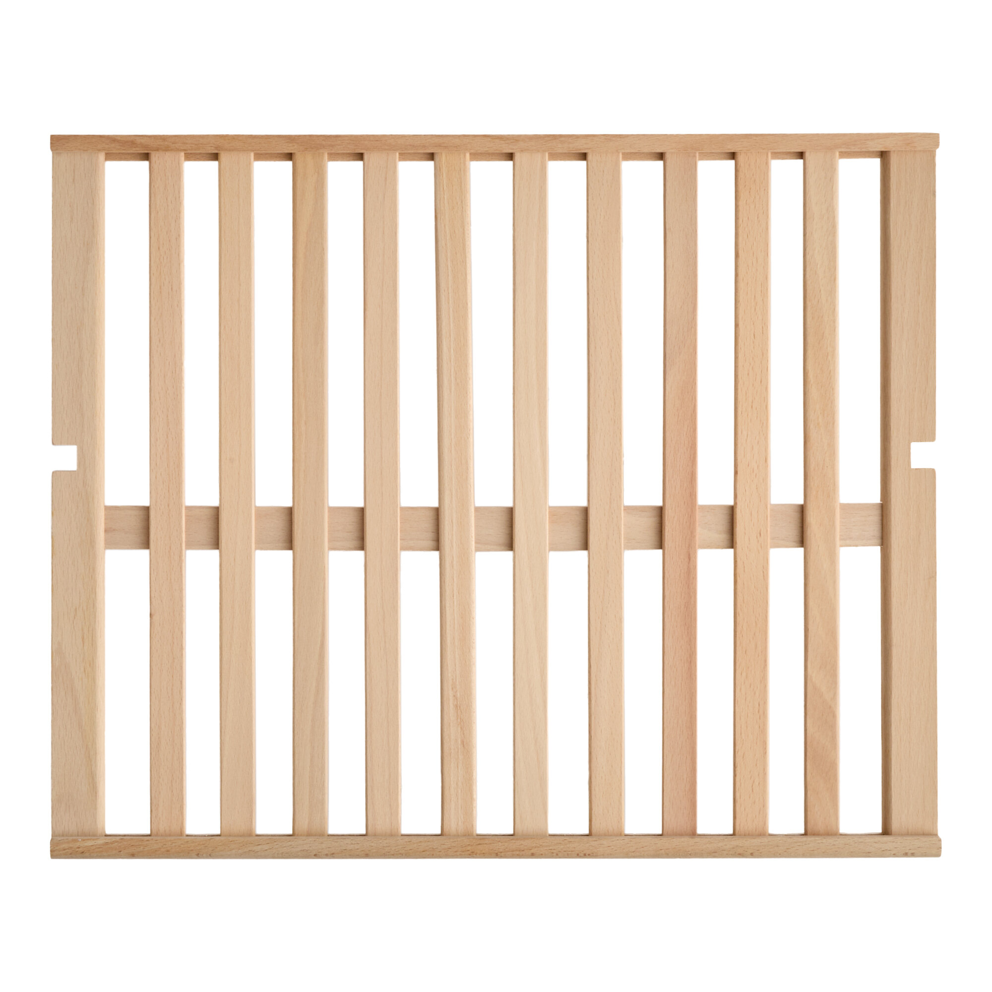 A small wooden shelf with evenly spaced slats designed for specific wine refrigerator models.