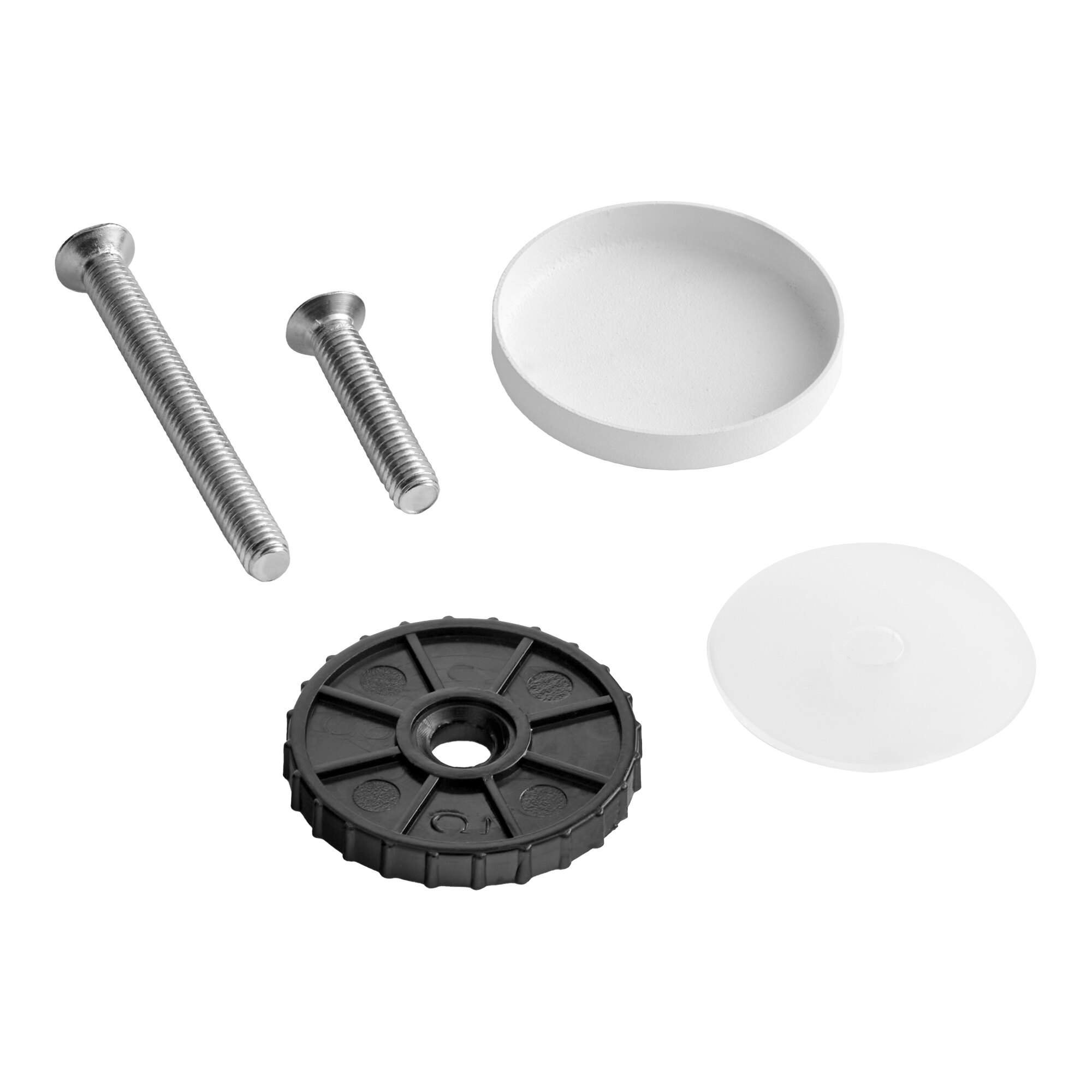 A set of white and black screw covers with two metal screws for Avantco BC series equipment.