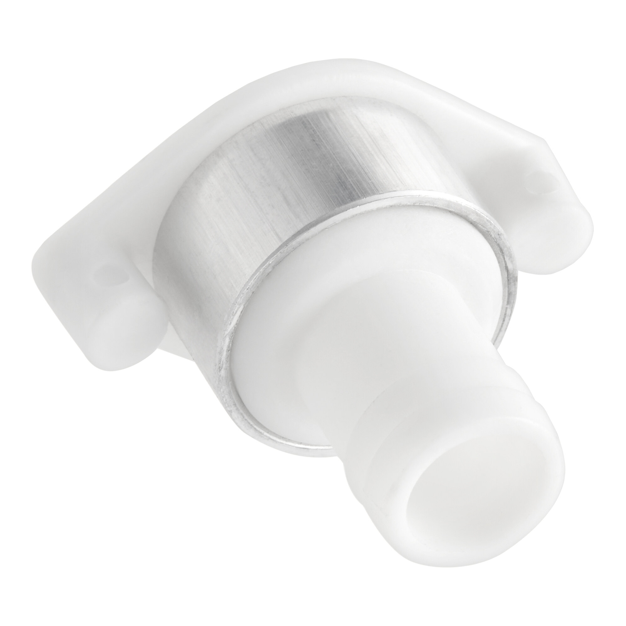 A white and silver drain fitting designed for select Avantco Ice Diamond ice machines.