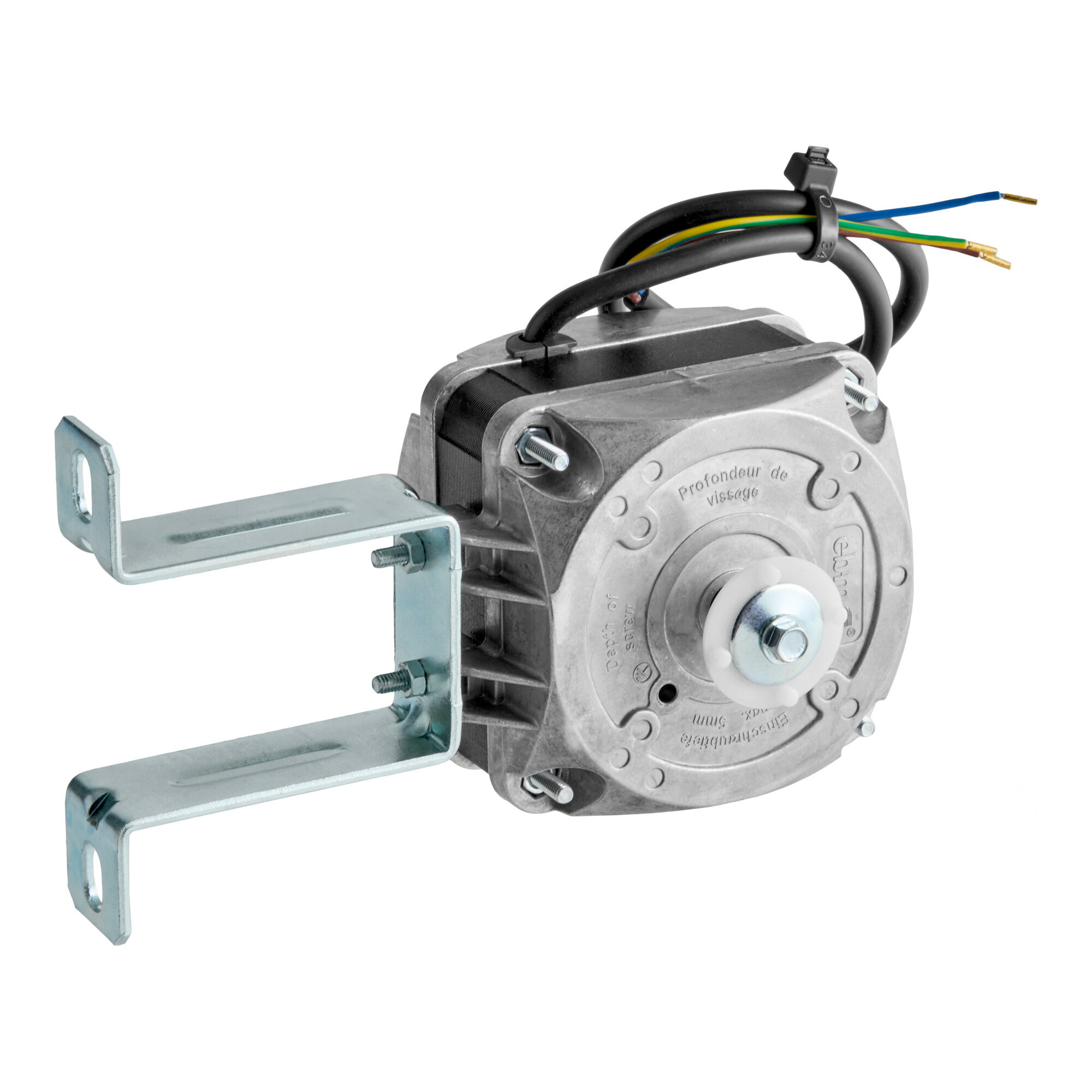 A condenser fan motor with attached mounting bracket and exposed wiring for select Avantco Ice Diamond ice machines.