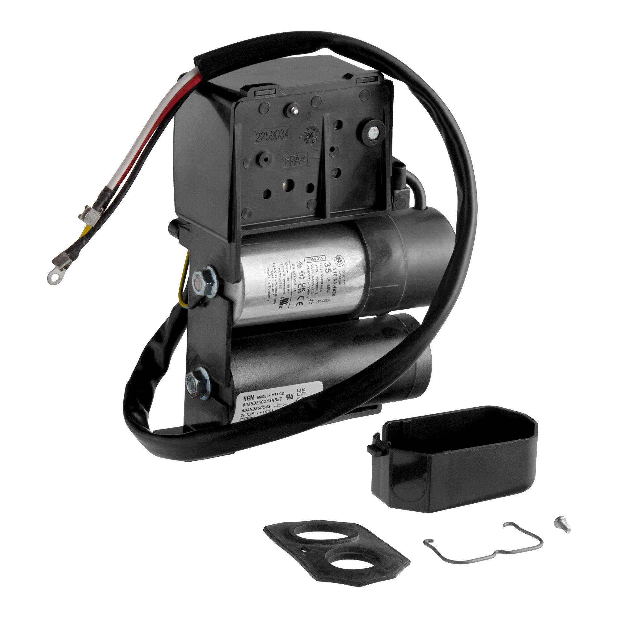 An electrical compressor kit with wiring, mounting hardware, and cover, designed for Avantco Ice EMC-F-422-A and EMC-H-422-A models.