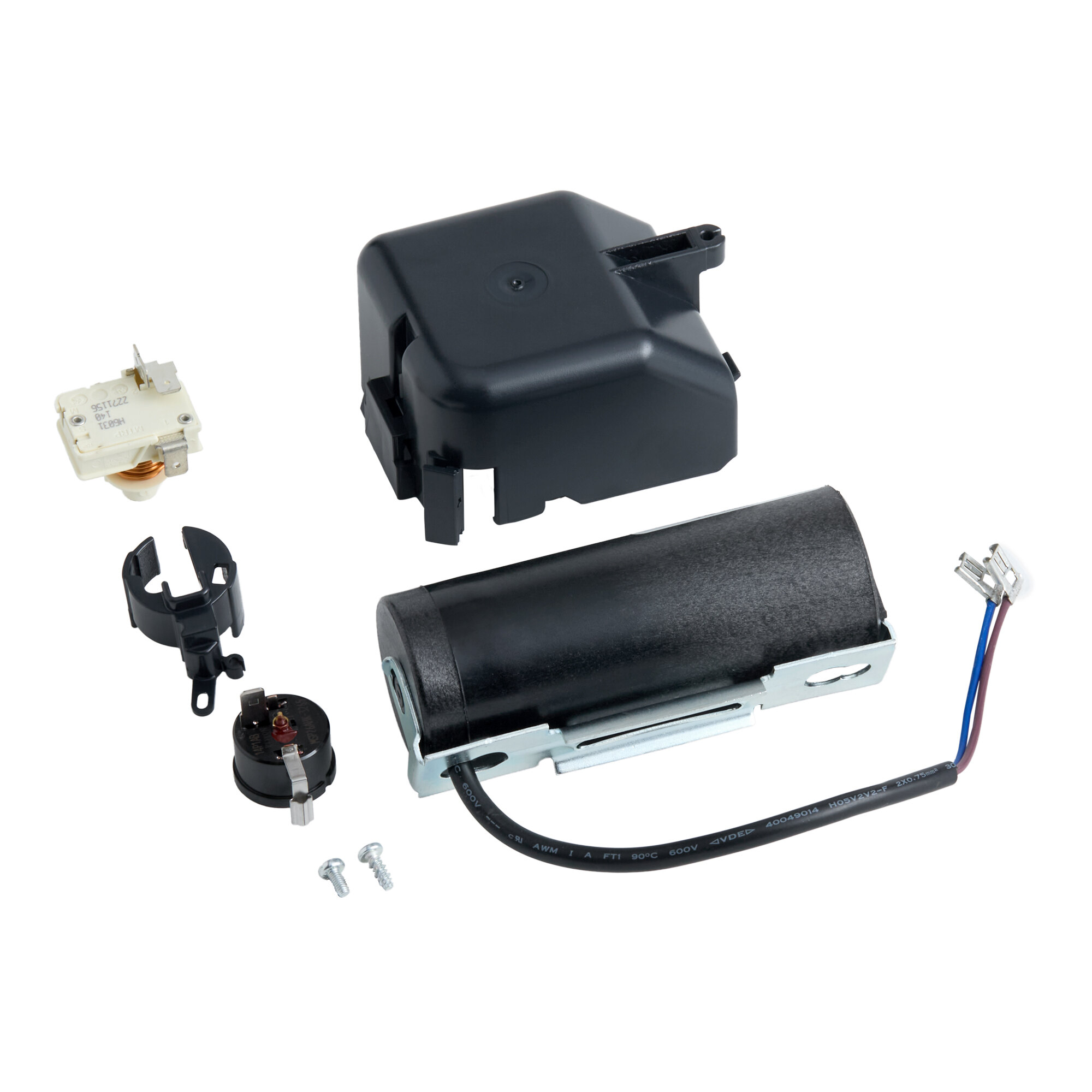 A compressor electrical kit for Avantco Ice EUC-F-230-A and EUC-H-230-A models, including various electrical components and hardware.