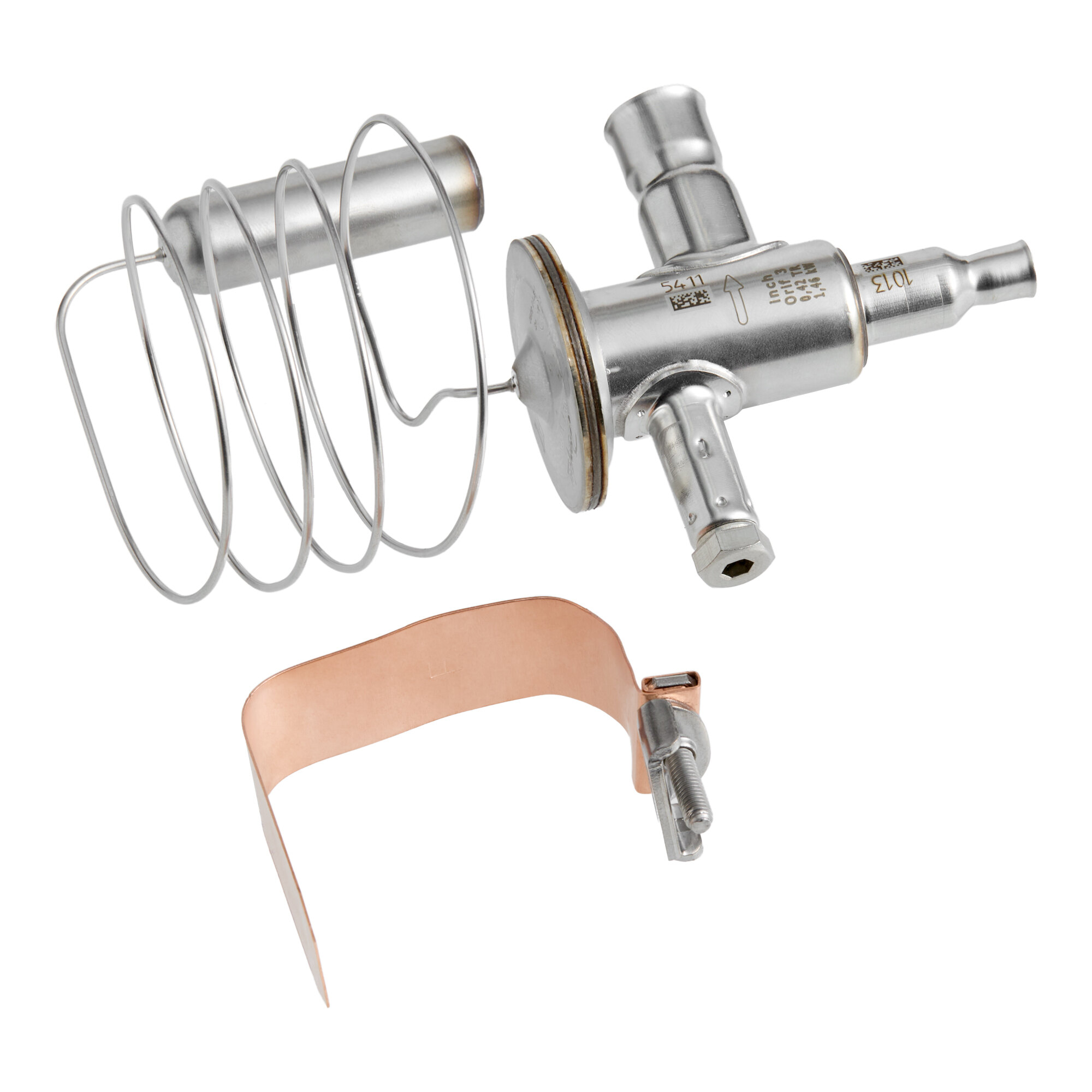 An expansion valve assembly for refrigeration units, compatible with Avantco EUC-H-230-A and EUC-F-230-A models.
