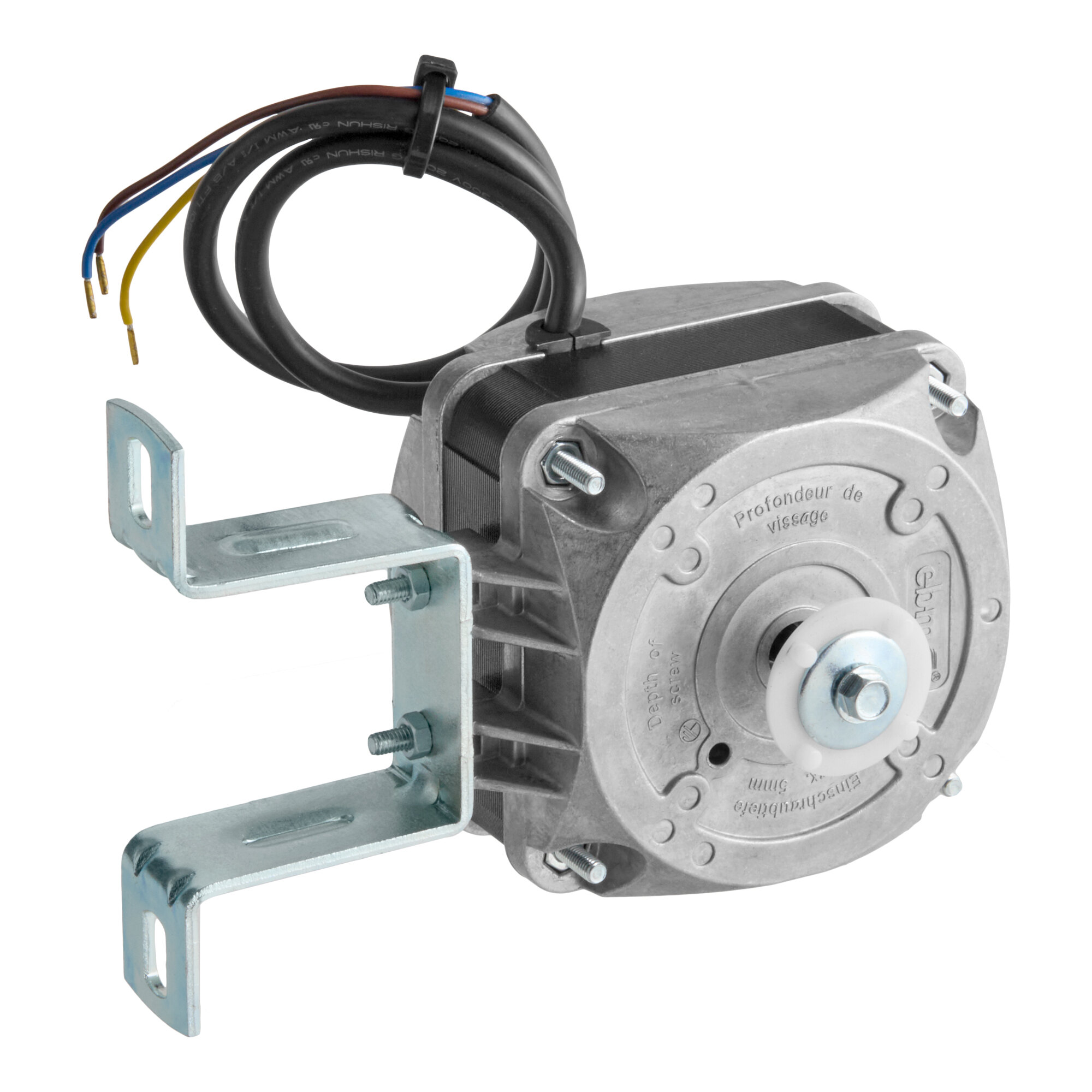 A condenser fan motor with mounting bracket and attached wiring, designed for the Avantco Ice EUC-G-80-A unit.