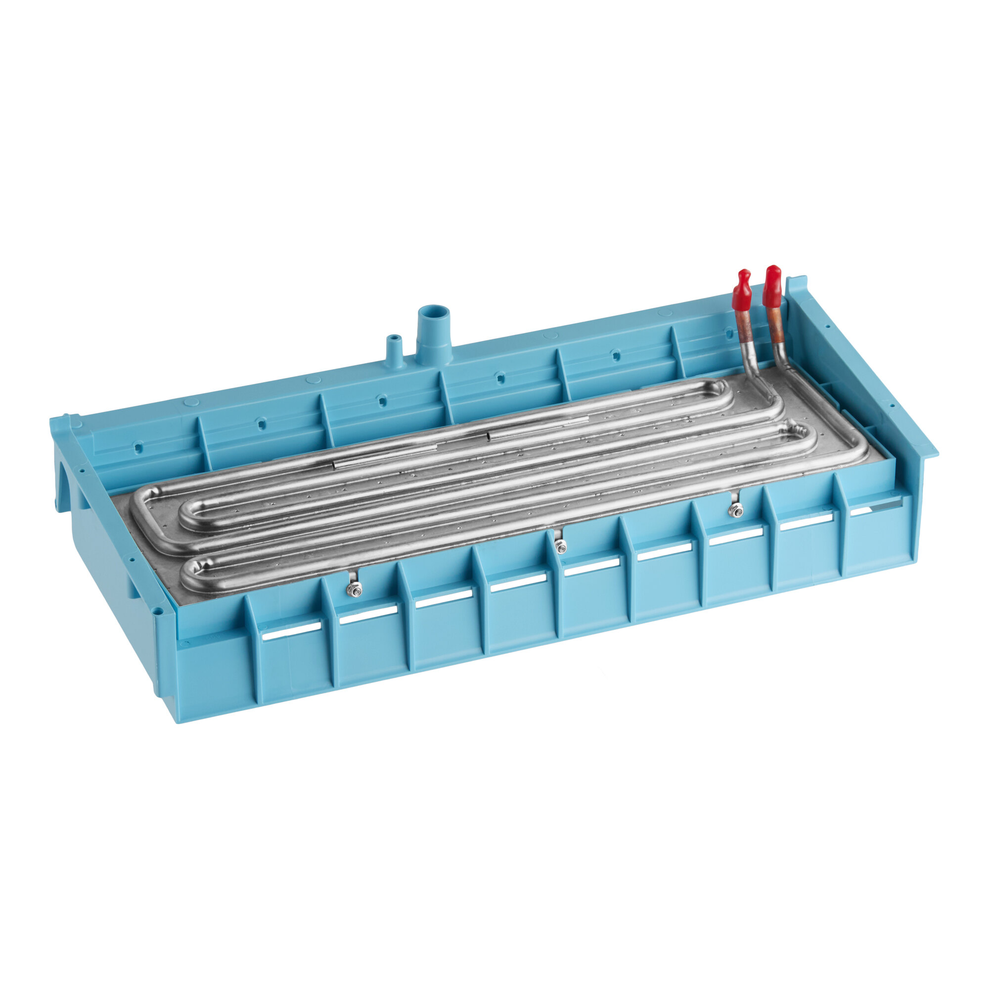 An evaporator unit for an Avantco EUC-F-230-A ice machine, featuring a blue plastic housing and metal tubing.