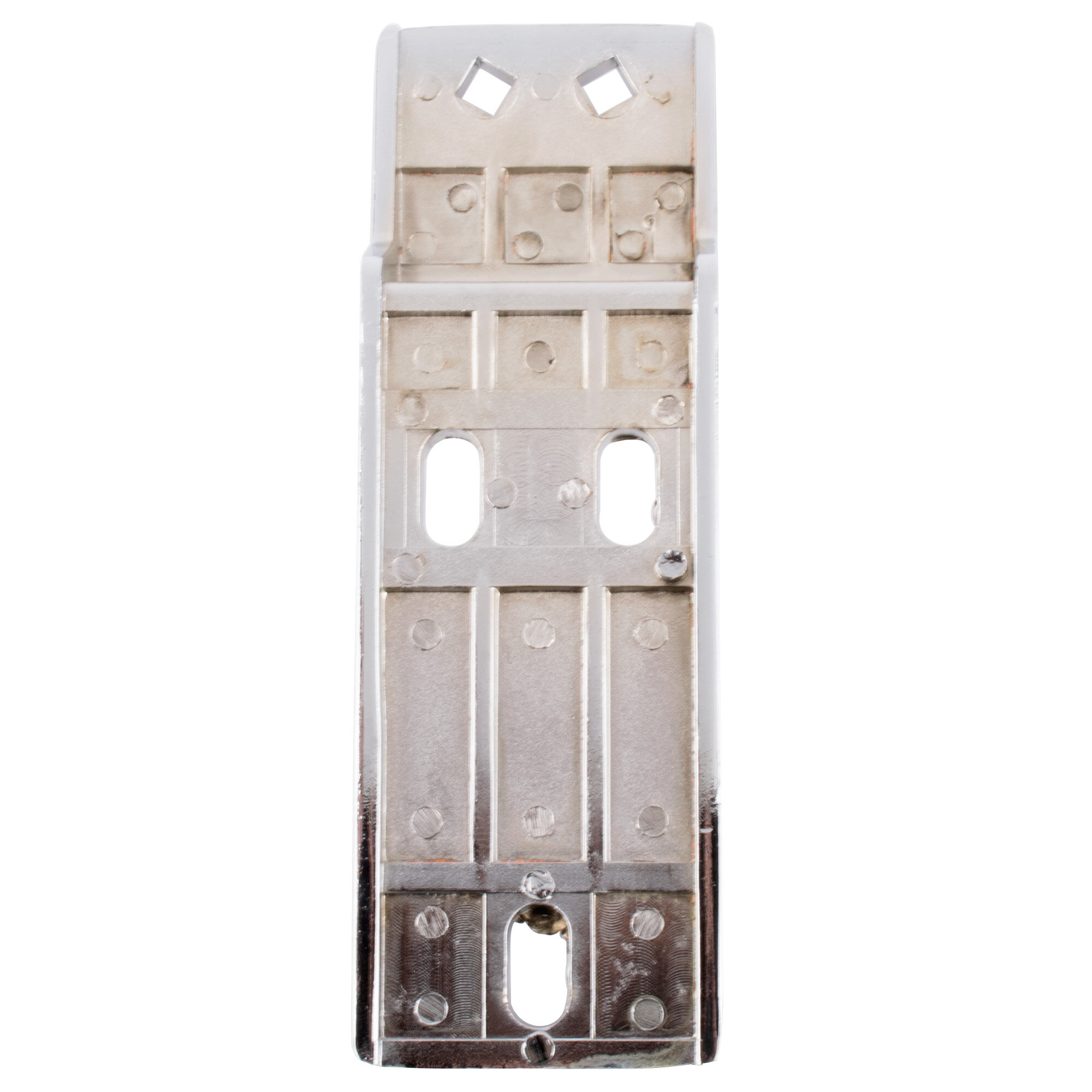 An Avantco metal middle hinge bracket with two holes.